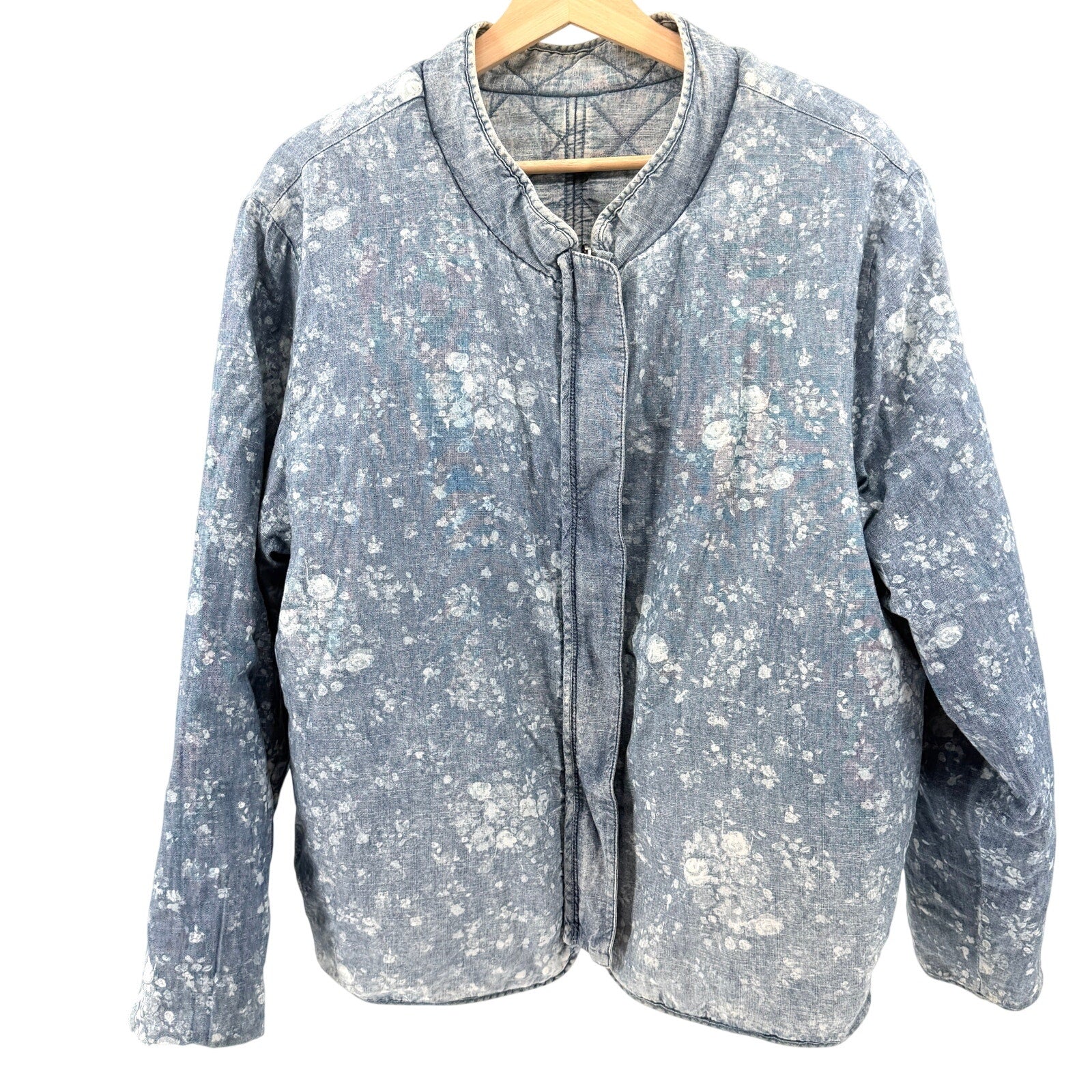 Blue 100% Cotton Reversible Quilted Floral Chambray Insulated Bomber Jacket