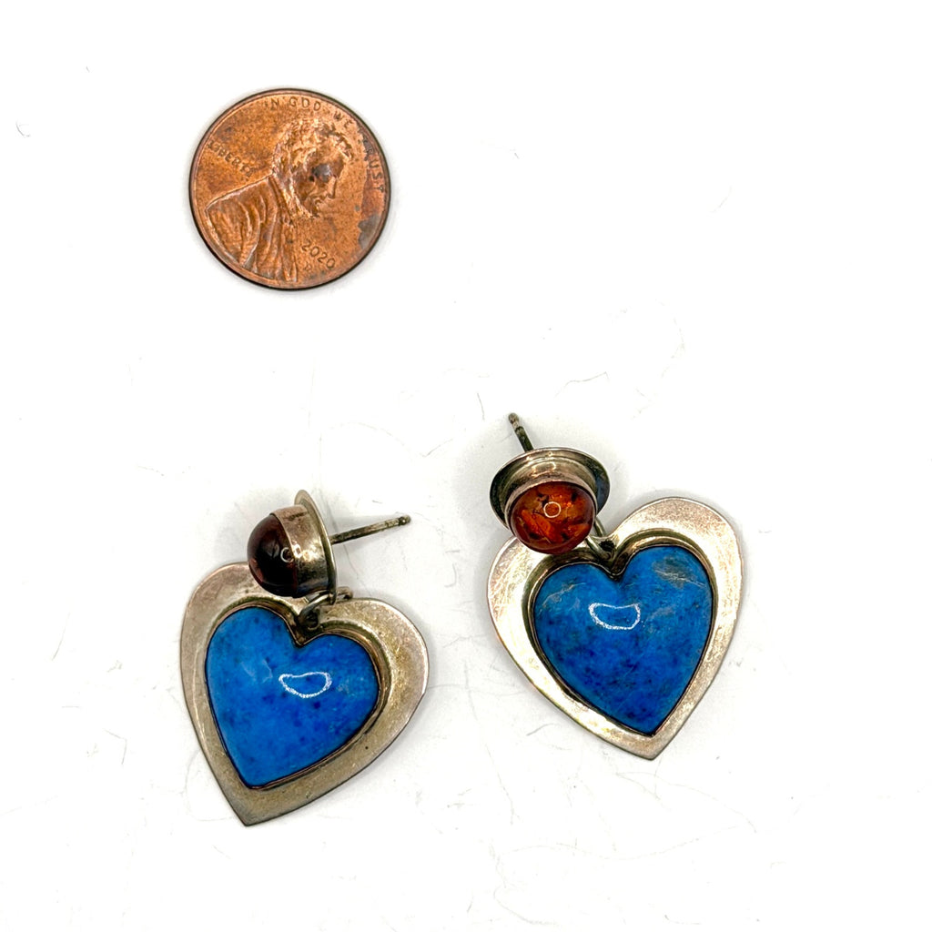 Vintage 90s Jason Livingston Signed Sterling Silver Lapis Amber Heart Earrings