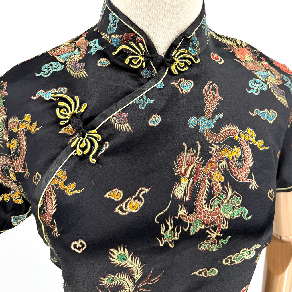 Vintage Y2K Lian Lin Black Metallic Dragon Phoenix Cheongsam Qipao Maxi Dress