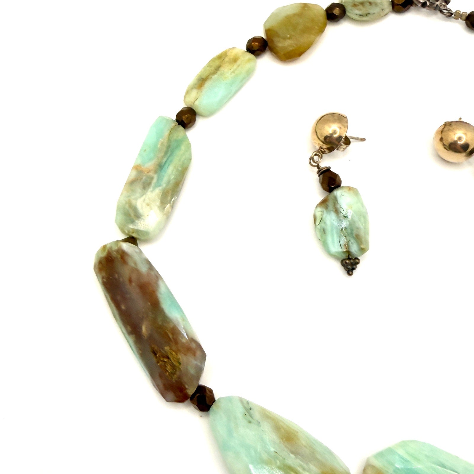 Vintage 90s Blue Green Amazonite Chunk Necklace and Stud Drop Earring Set