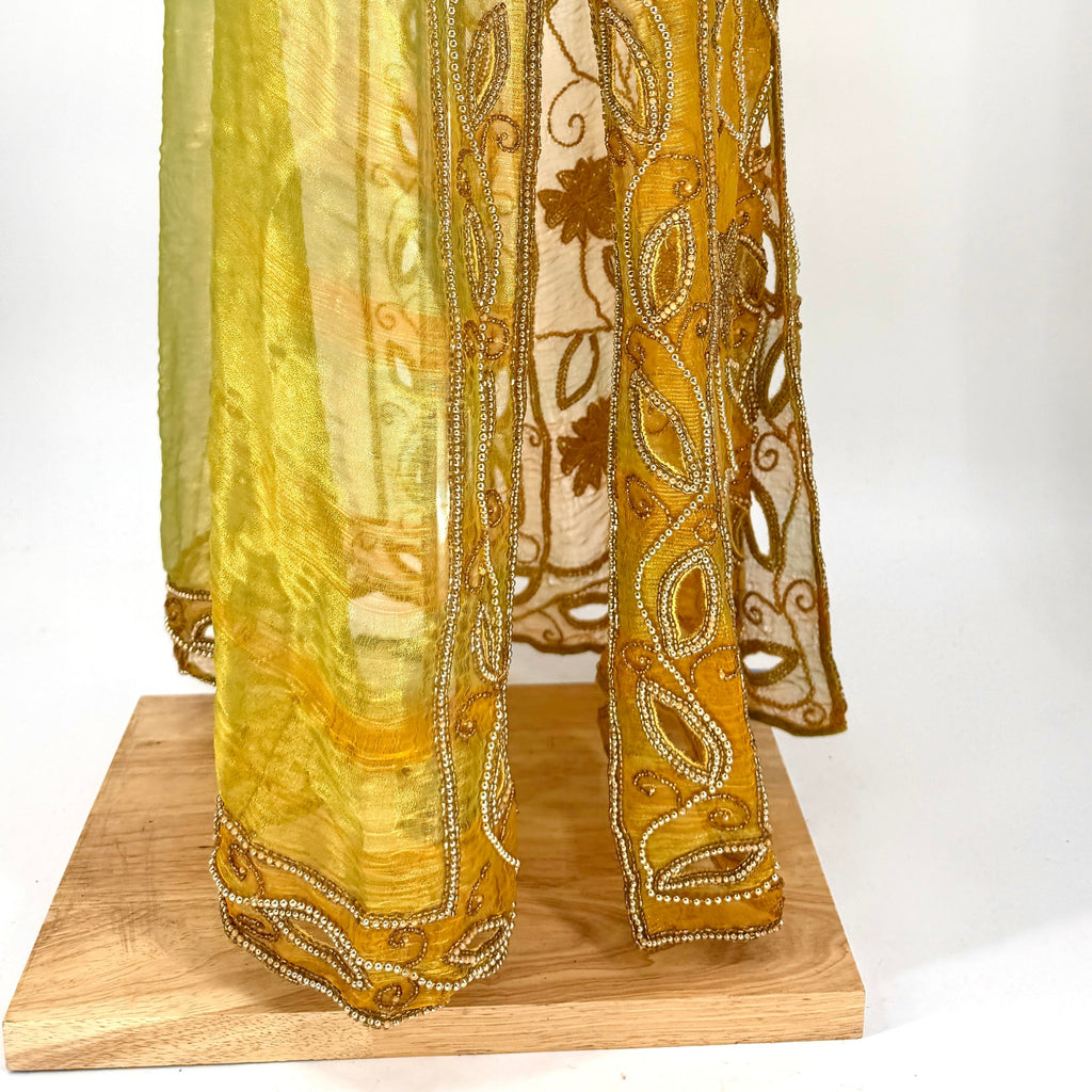 Vintage 80s Tan-Chho Green Gold Maximalist Beaded Sheer Shoulder Pad Duster