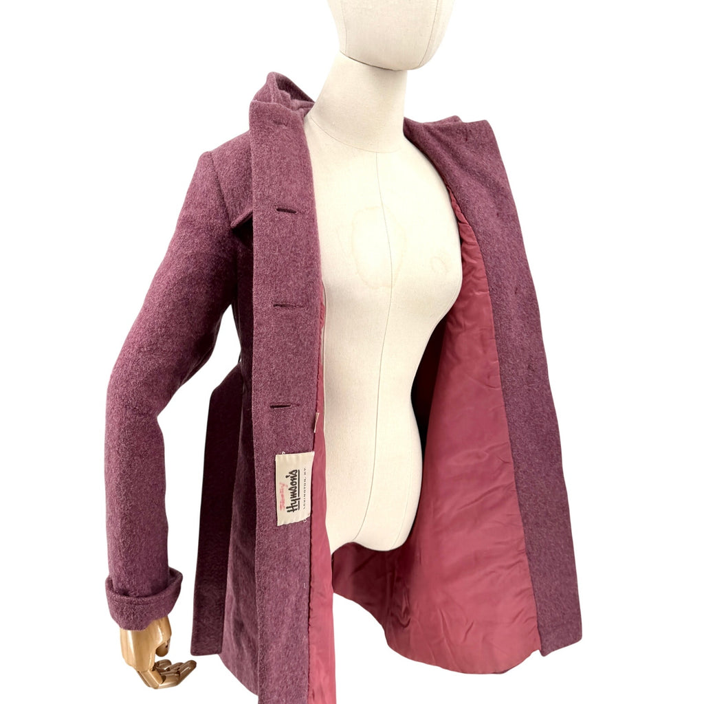 Vintage 70s Hymson's Mauve Purple 100% Wool Hooded Toggle Belted Coat
