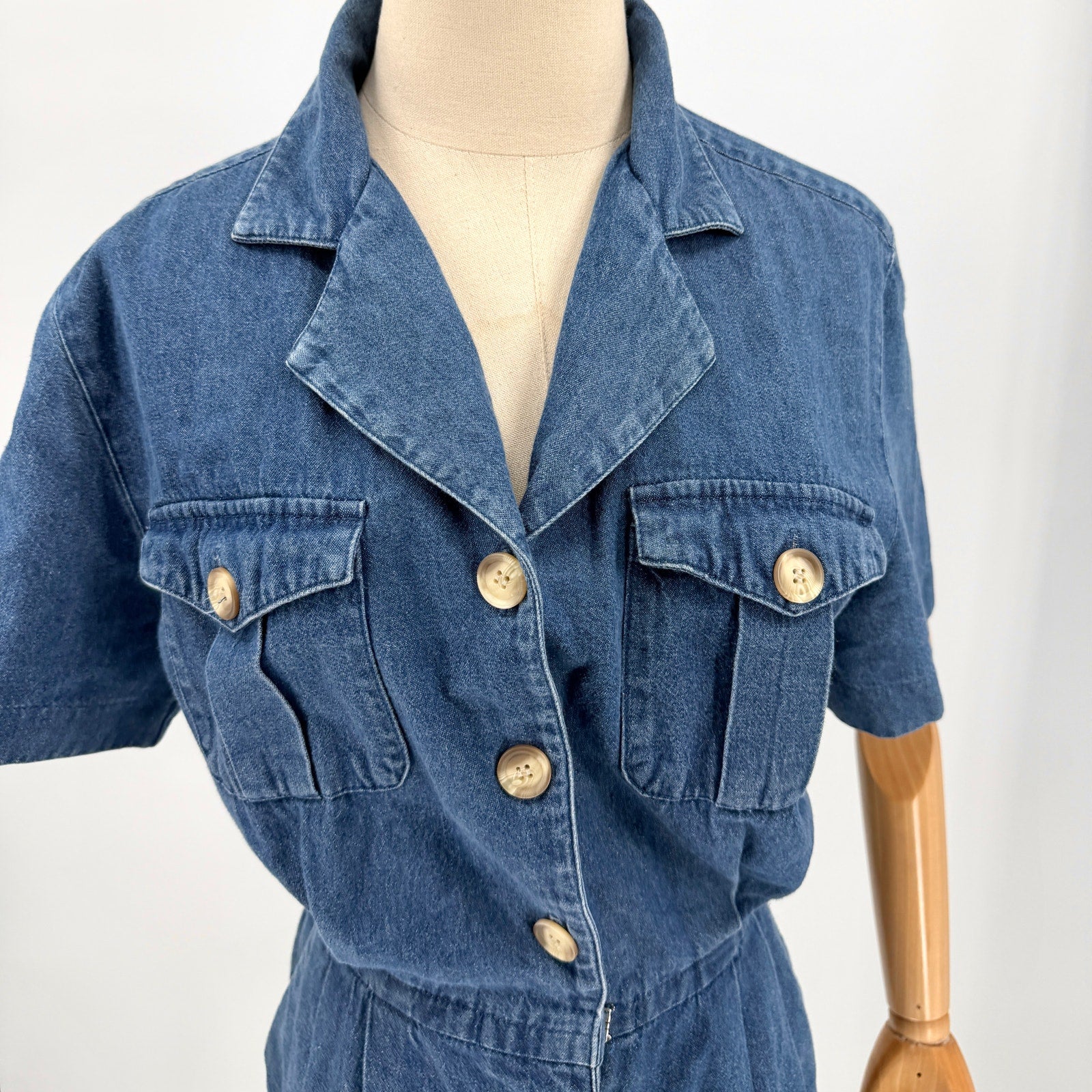 Vintage 90s Talbots Blue 100% Cotton Americana Utility Pocket Shirt Dress