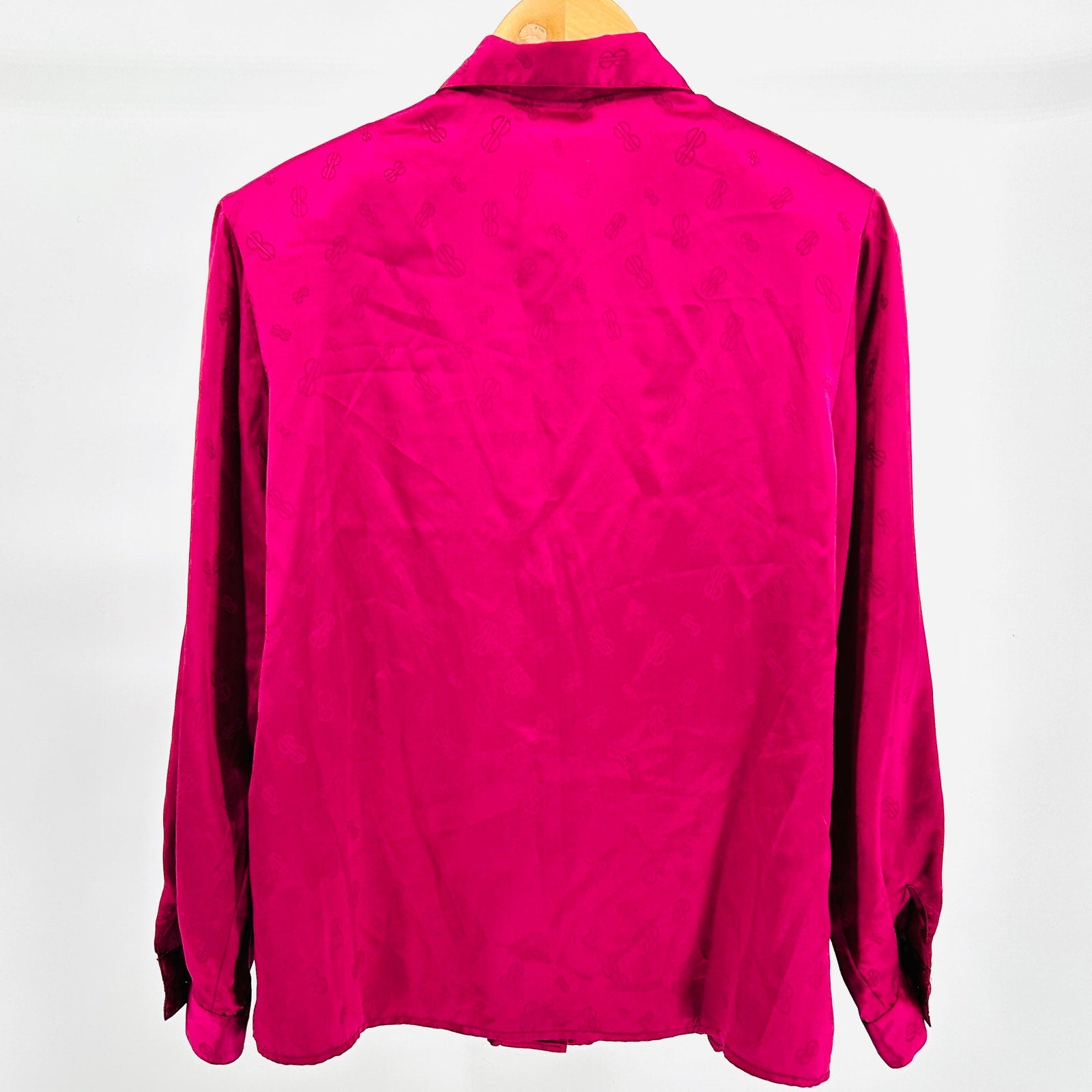 Vintage 80s Bill Blass Magenta Satin Monogram Jacquard Blouse