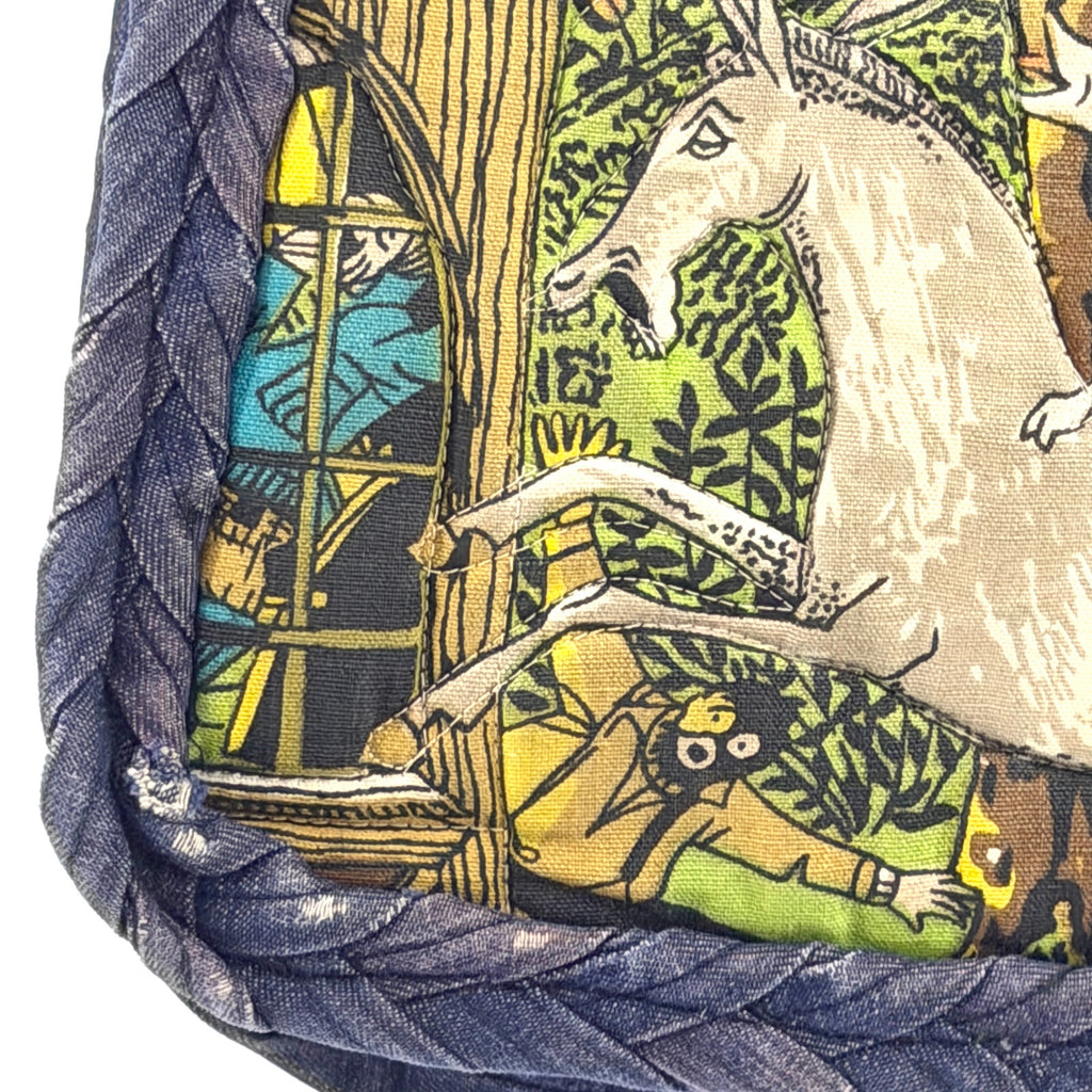 Vintage 70s Custom Denim Bremen Town Musicians Novelty Print Flap Shoulder Bag