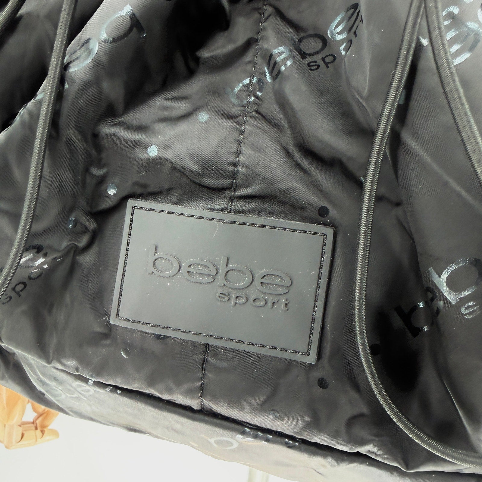 Vintage Y2K Bebe Sport Black Satin Logo Print Bungee Backpack