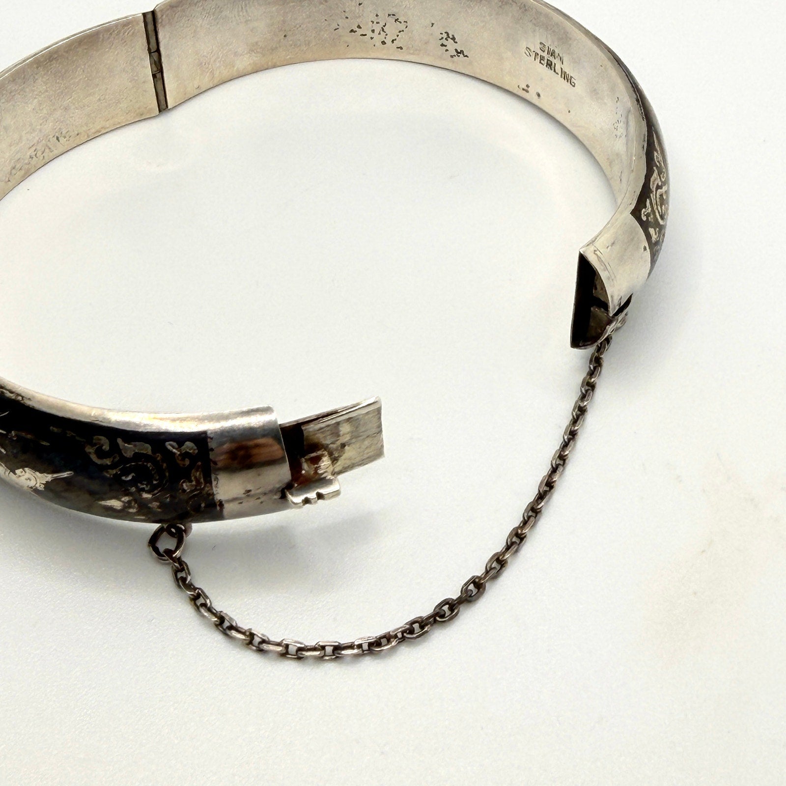 Vintage 50s Stamped Siam Sterling Silver Blue Niello Hinged Bangle