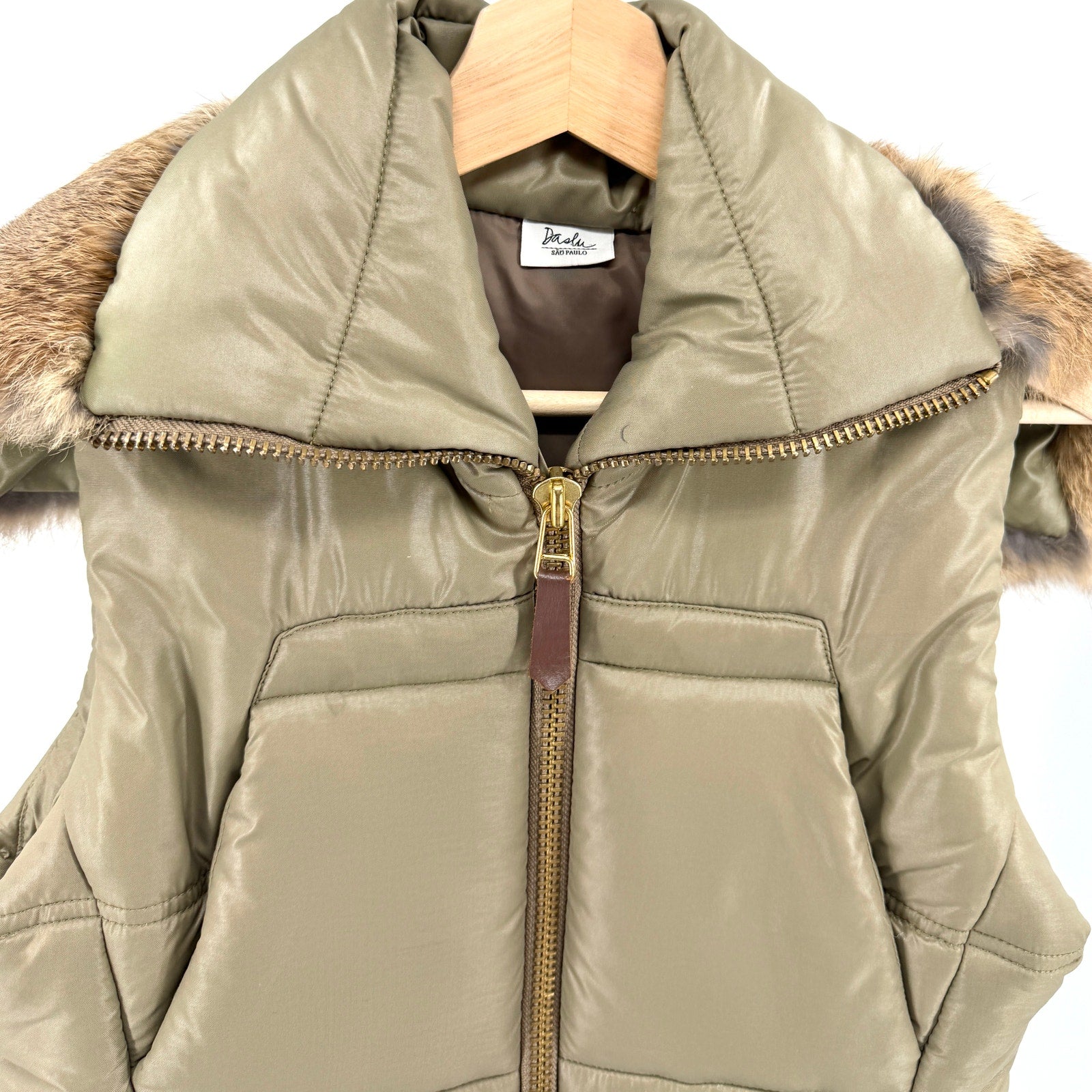 Vintage Y2K Daslu Olive Rabbit Fur Collar Puffer Vest