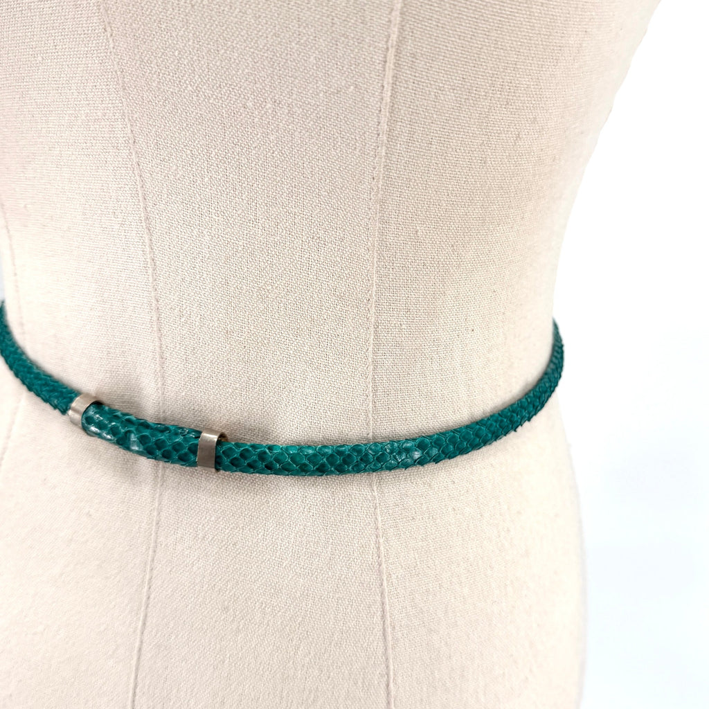 Vintage 90s Green Teal Genuine Snakeskin Super Skinny Belt