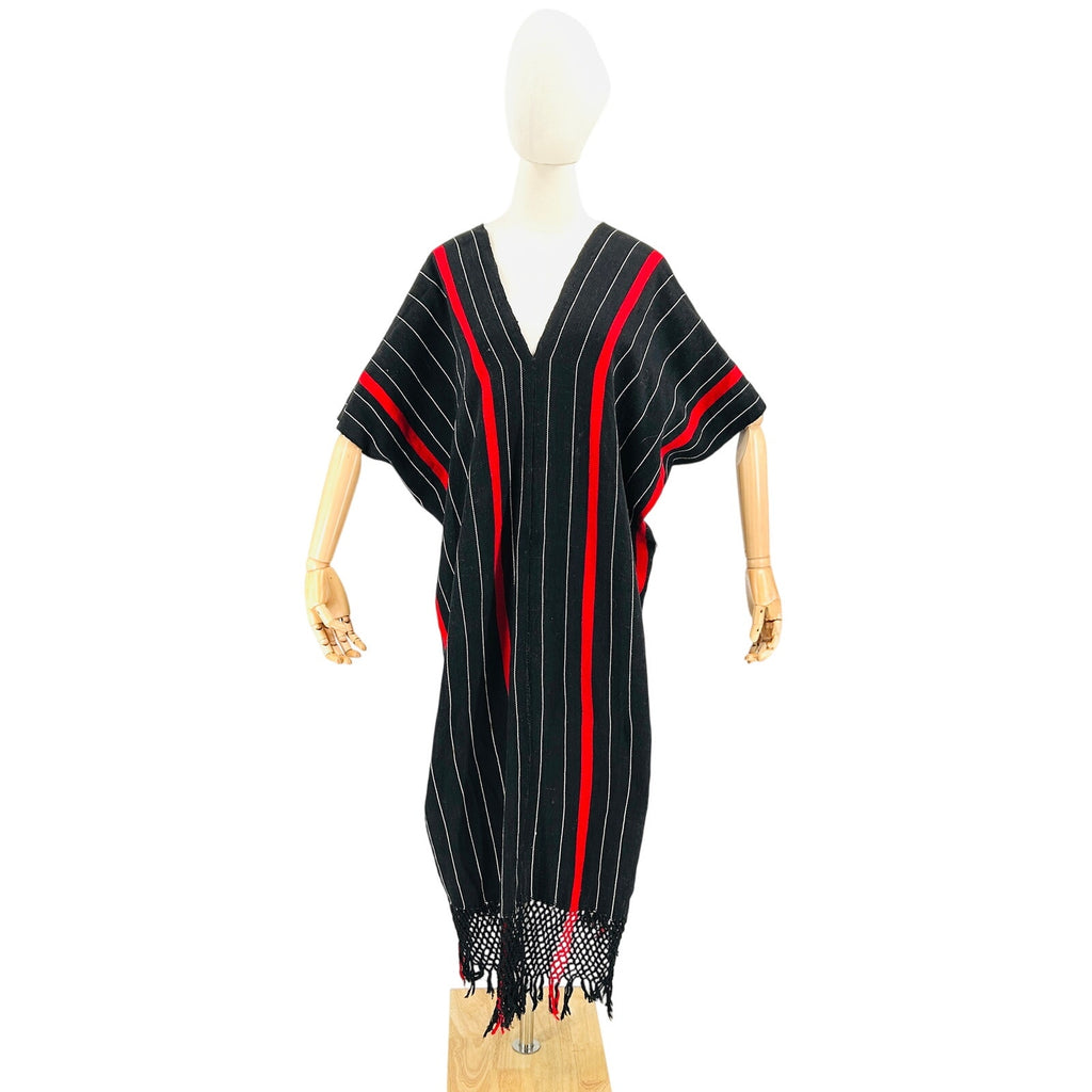 Vintage 80s Handwoven Black Red Striped 100% Cotton Kaftan Dress