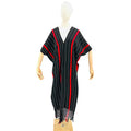 Vintage 80s Handwoven Black Red Striped 100% Cotton Kaftan Dress