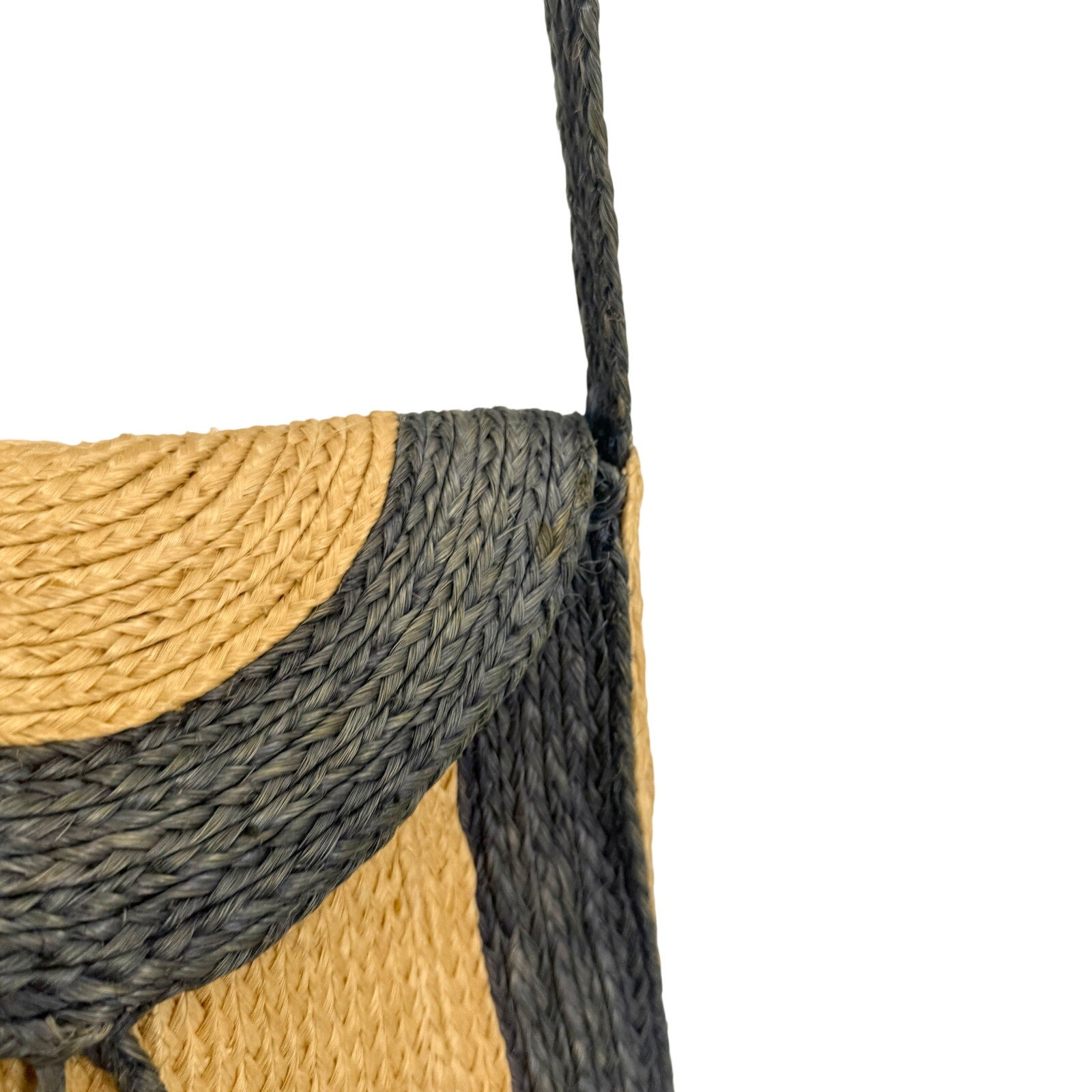 Vintage 80s Tan Blue Woven Straw Stripe Flap Shoulder Bag Purse