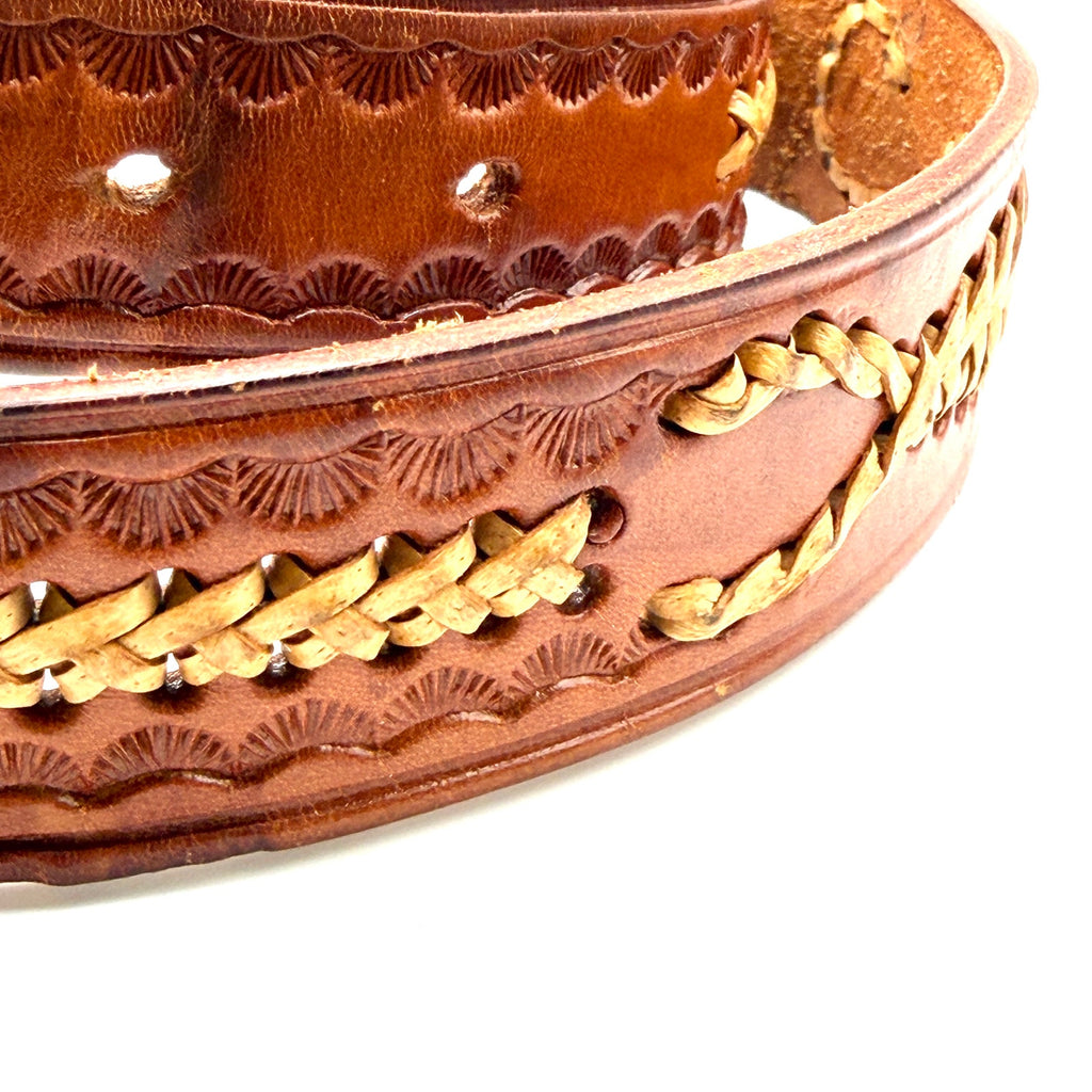 Vintage 70s Western Genuine Leather Artisan Tooled Whipstitch Unisex Waist Belt