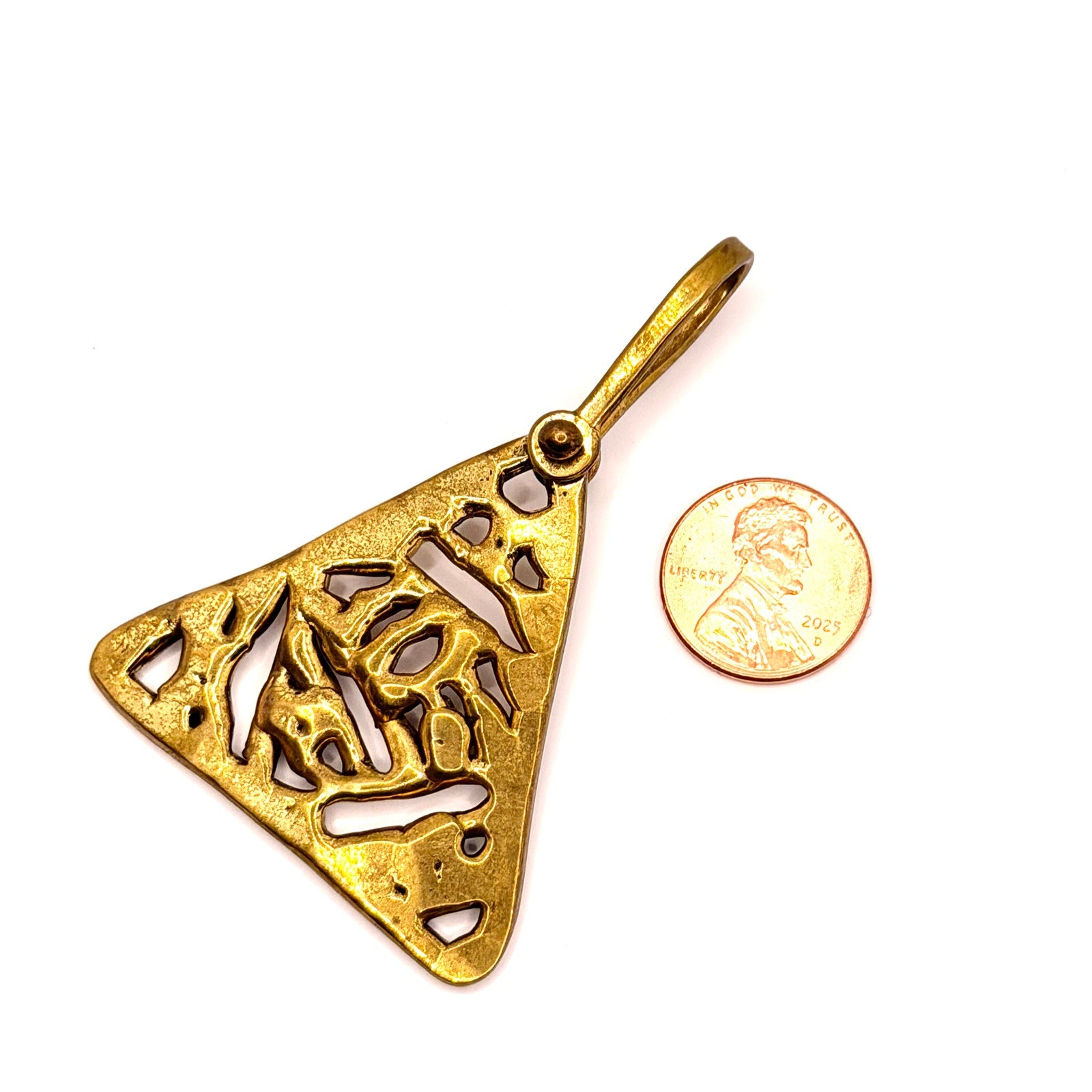 Vintage 80s Artist Signed Brass Sculptural Brutalist Abstract Triangle Pendant