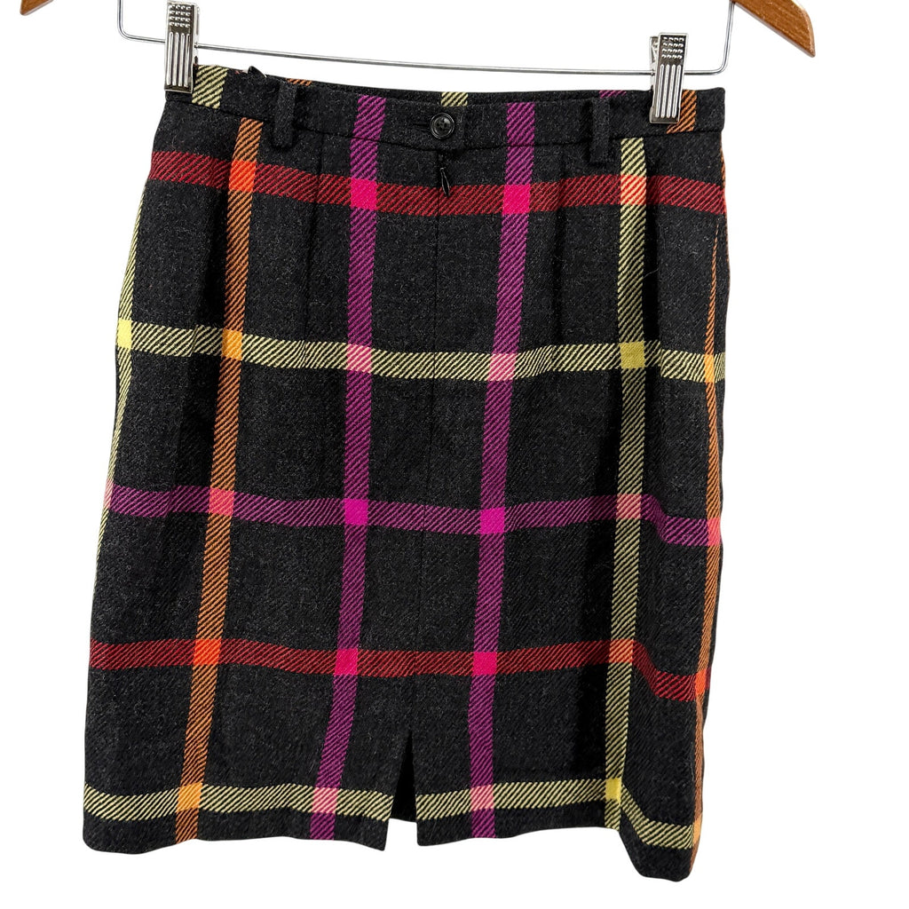 Vintage 90s Mondi Charcoal Wool Neon Plaid Pencil Mini Skirt