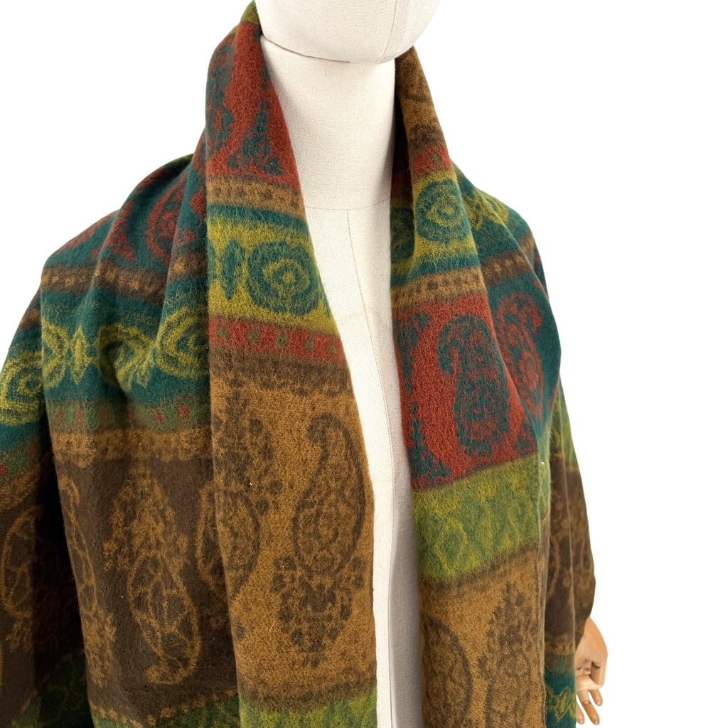 Vintage 90s Bloomingdale's Green Brown Boho Southwest Fringe Wrap Scarf
