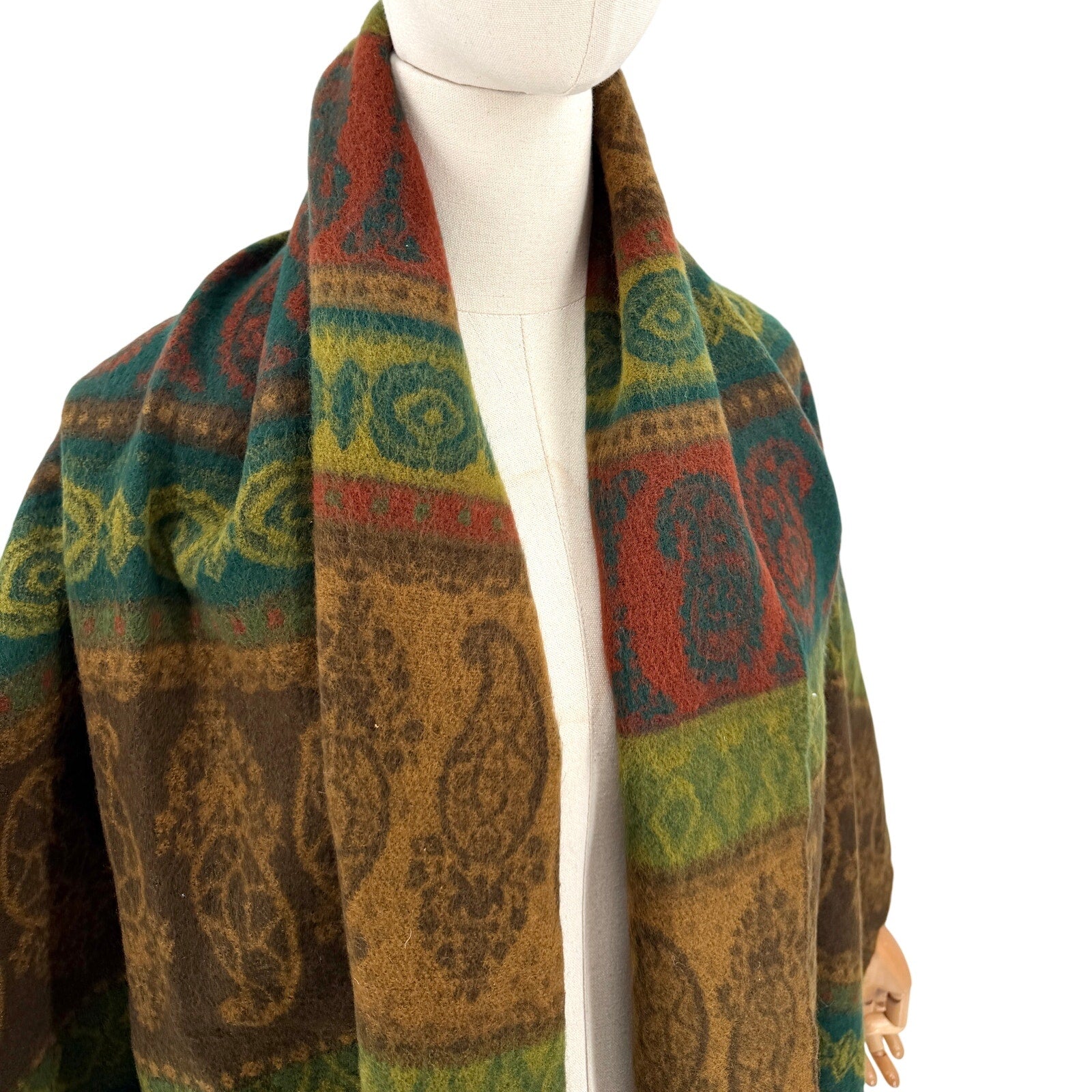 Vintage 90s Bloomingdale's Green Brown Boho Southwest Fringe Wrap Scarf