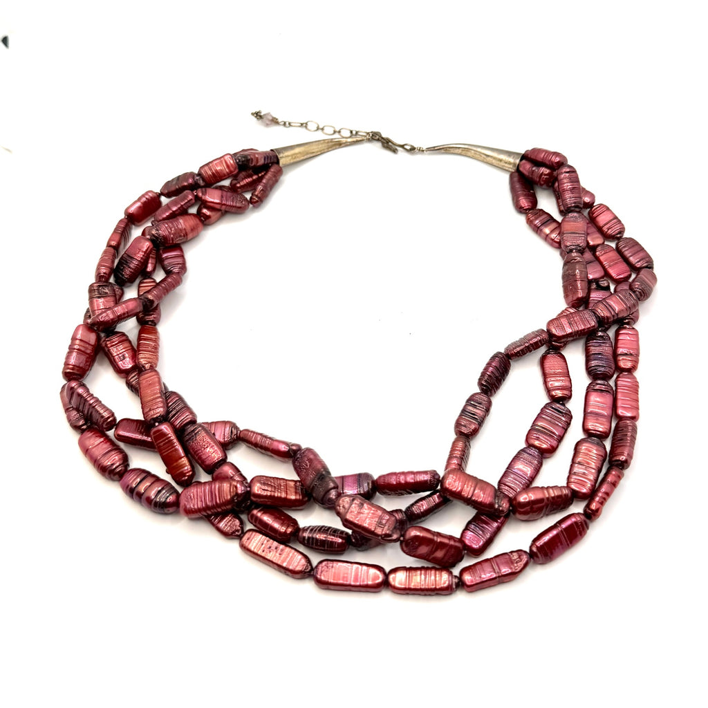 Vintage 90s Stamped Sterling Silver Red Pearl Multi Strand Necklace