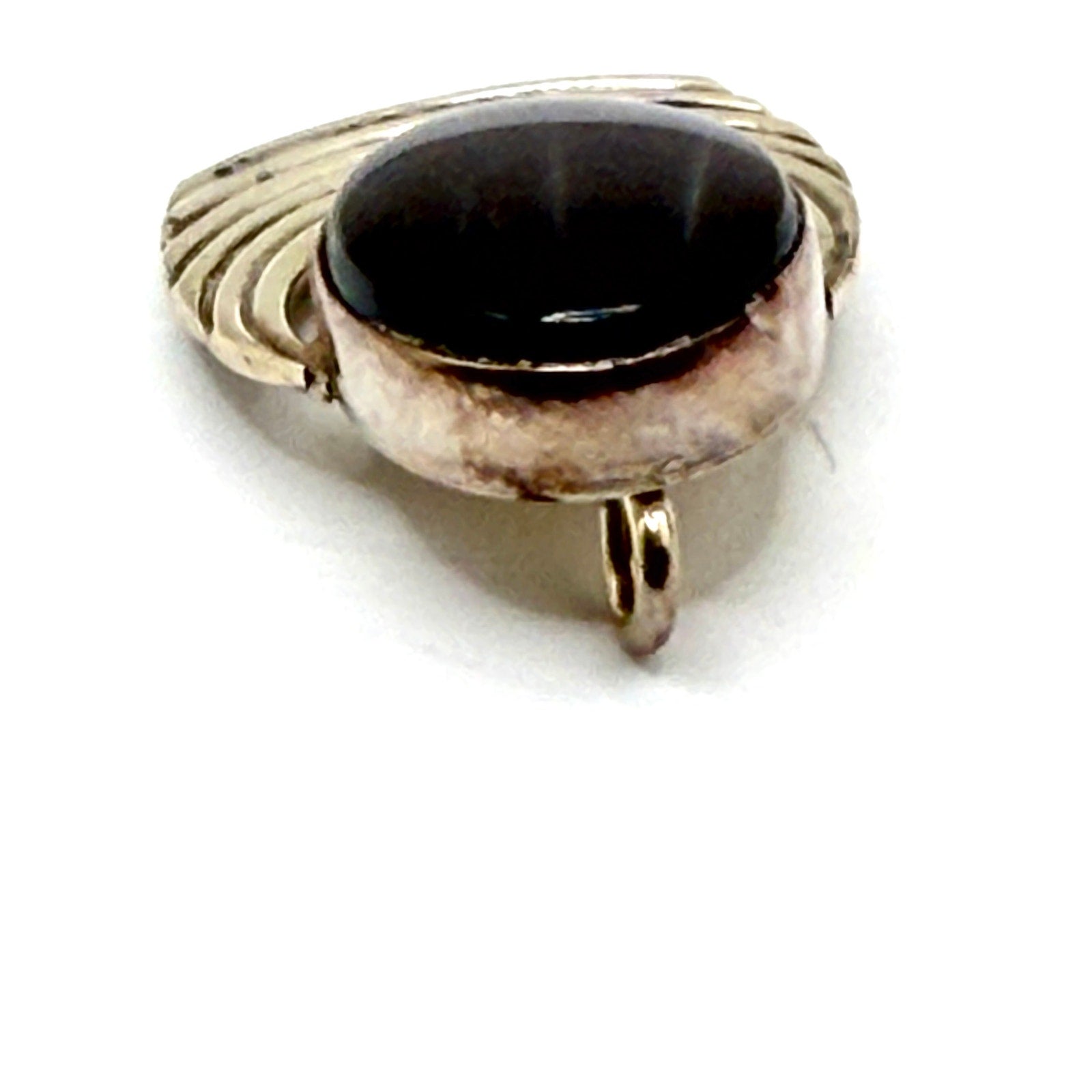 Vintage 90s Blue Tiger Eye Stamped Sterling Silver Modernist Crescent Pendant