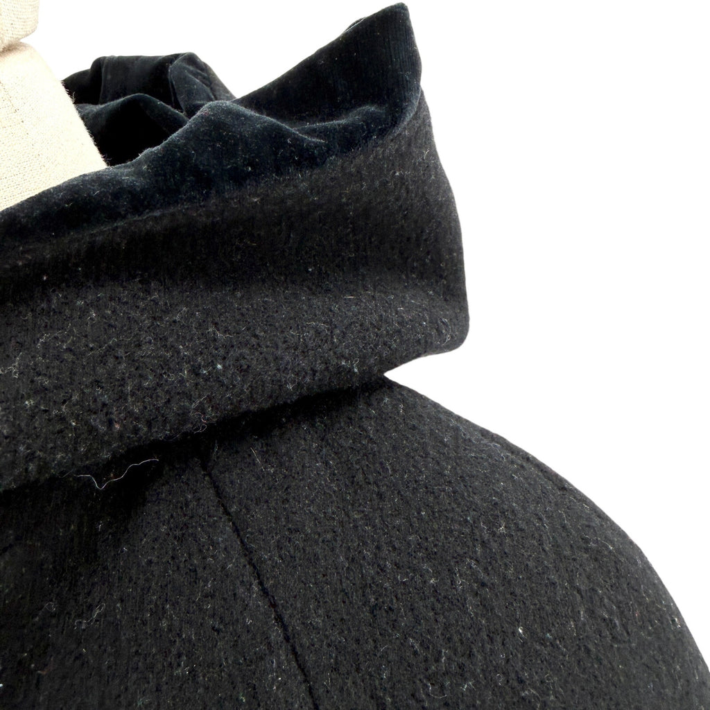 Vintage 90s Worthington Black 100% Wool Velvet Trim Hooded Long Overcoat