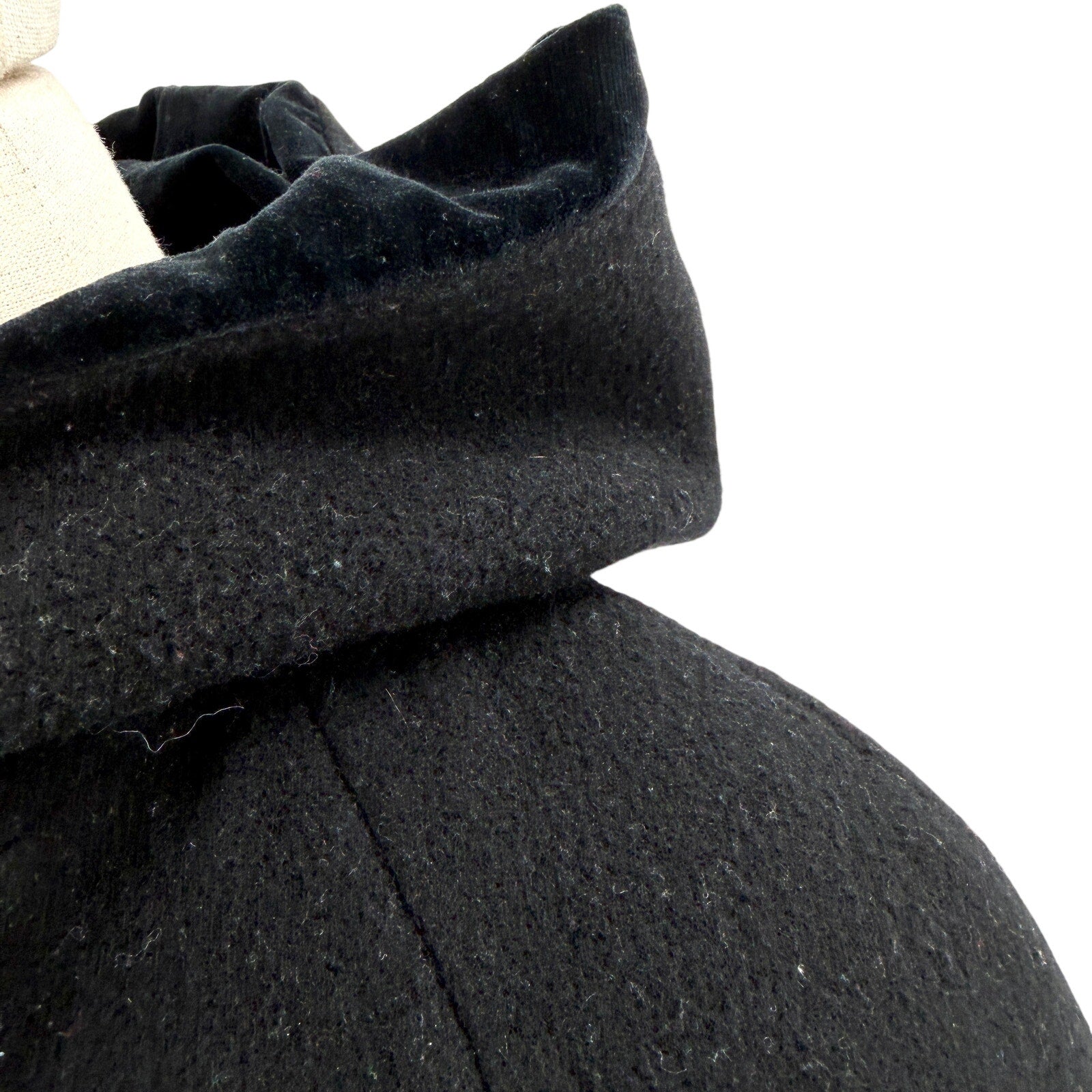 Vintage 90s Worthington Black 100% Wool Velvet Trim Hooded Long Overcoat