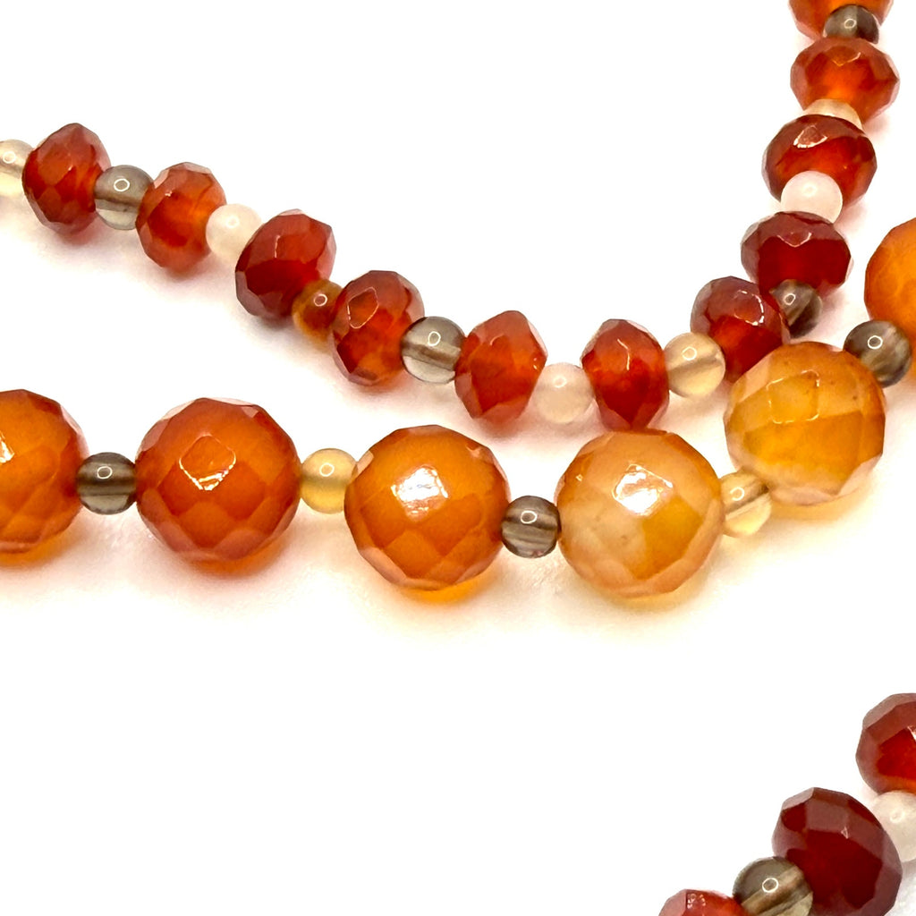 Vintage 90s Orange Carnelian Smoky Quartz Multi Strand Faceted Necklace