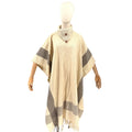 Vintage 80s Cream Oatmeal 100% Wool Button Cowl Neck Fringe Poncho