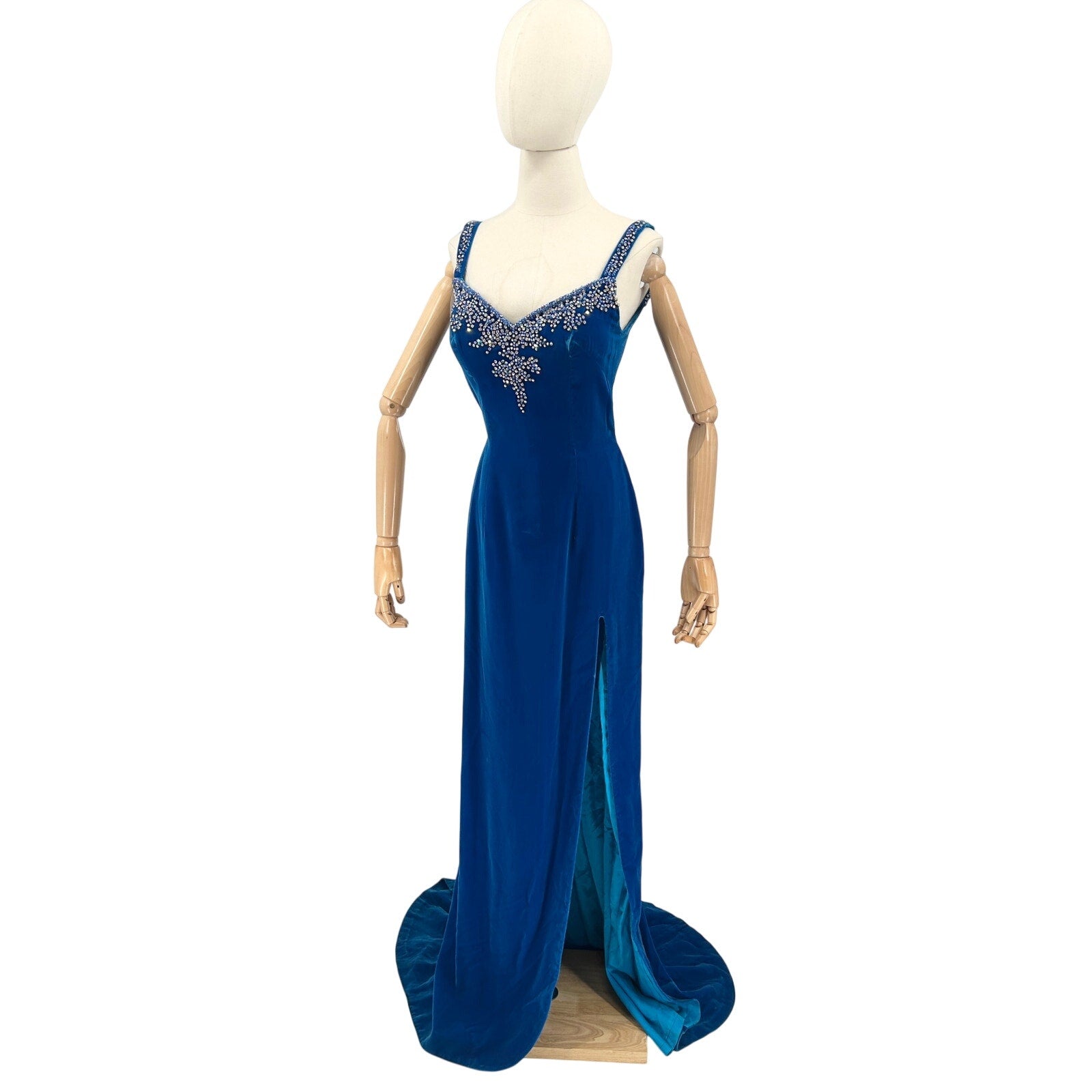 Vintage 50s Jovani Blue Velvet Rhinestone Beaded Evening Gown Dress