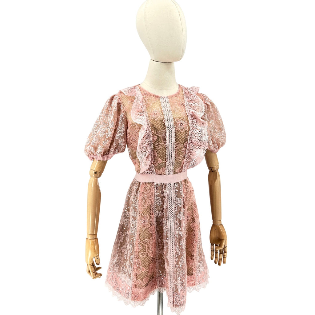 Self-Portrait Blush Pink Sequin Floral Lace Puff Sleeve Mini Dress