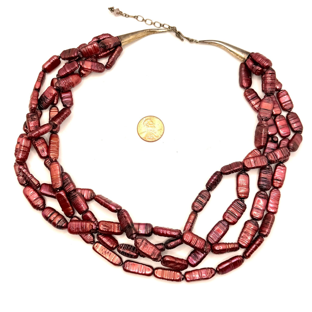 Vintage 90s Stamped Sterling Silver Red Pearl Multi Strand Necklace