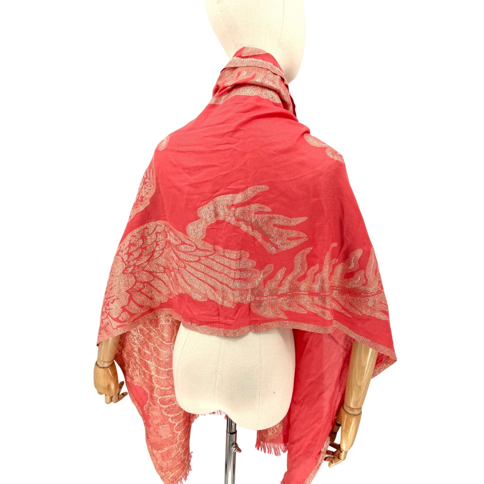 Vintage Y2K Coral Peach Cashmere Gold Metallic Thread Pashmina Shawl