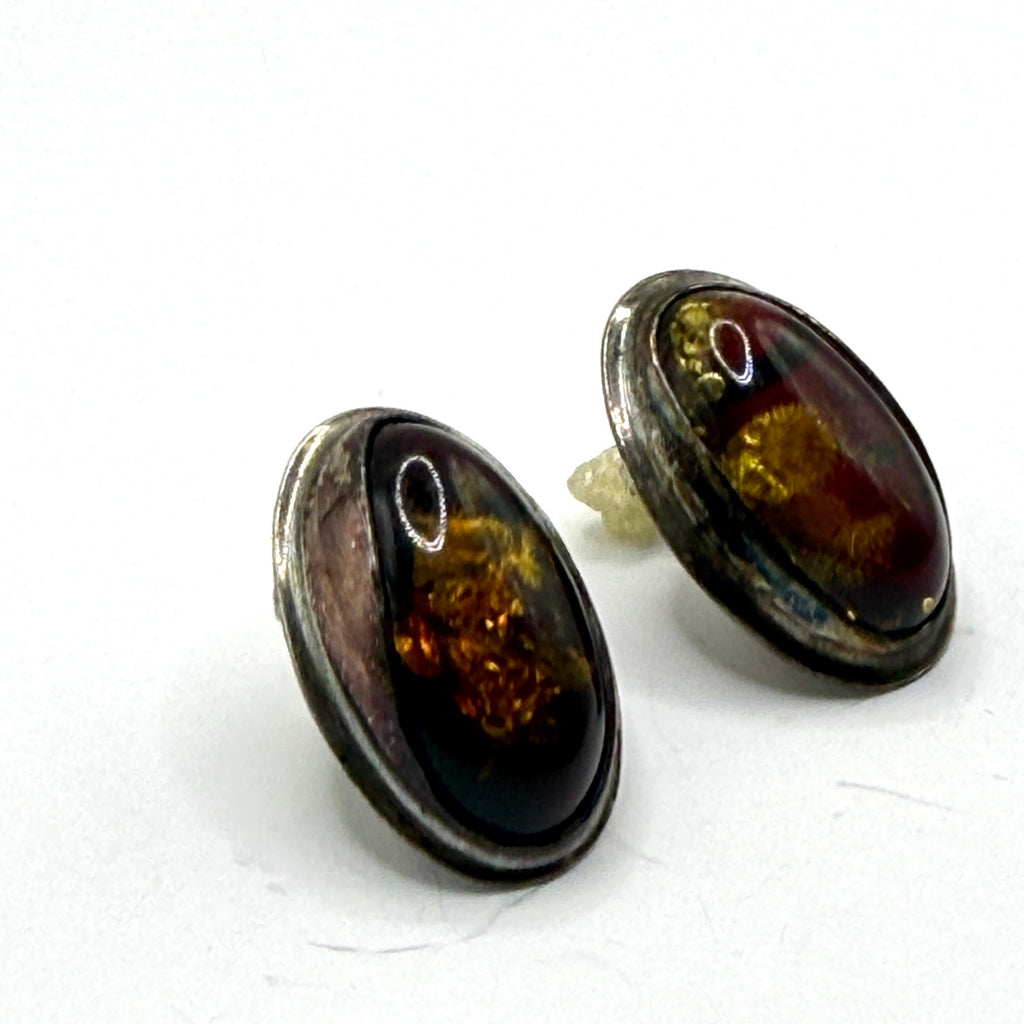 Vintage 90s Cognac Sterling Silver Baltic Amber Stamped Oval Stud Earrings