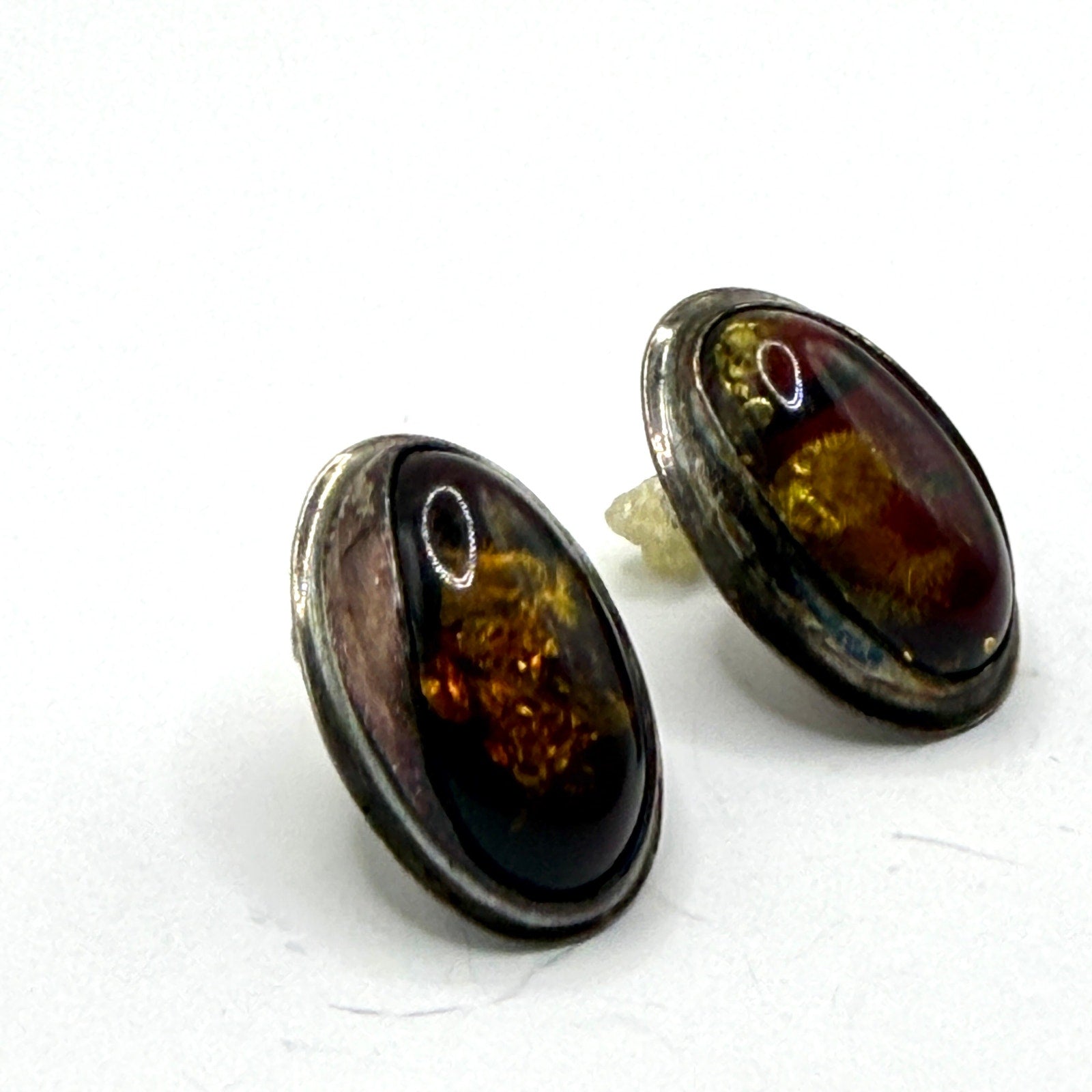 Vintage 90s Cognac Sterling Silver Baltic Amber Stamped Oval Stud Earrings