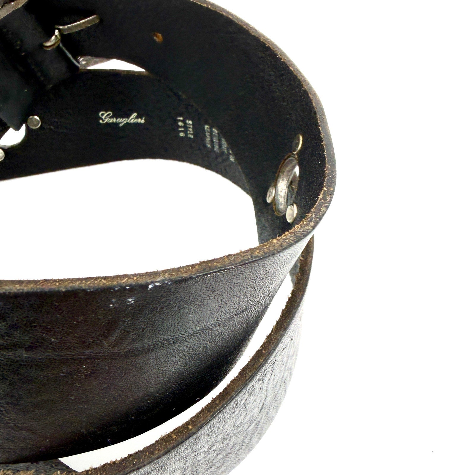 Vintage 90s Garuglieri Black Leather Round Buckle Grommet Belt