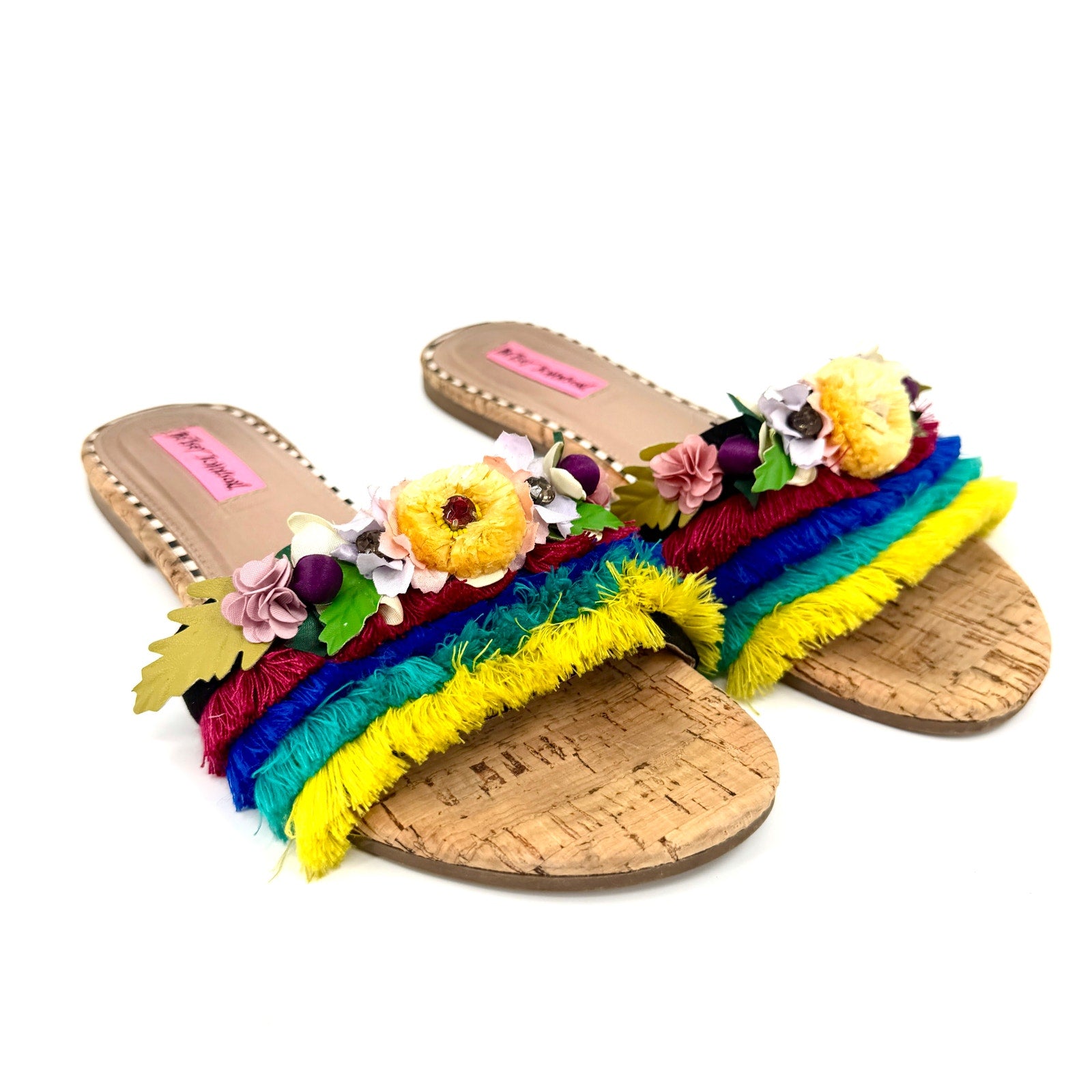 Betsey Johnson Multicolor Tropical Floral Fringe Slide Sandals