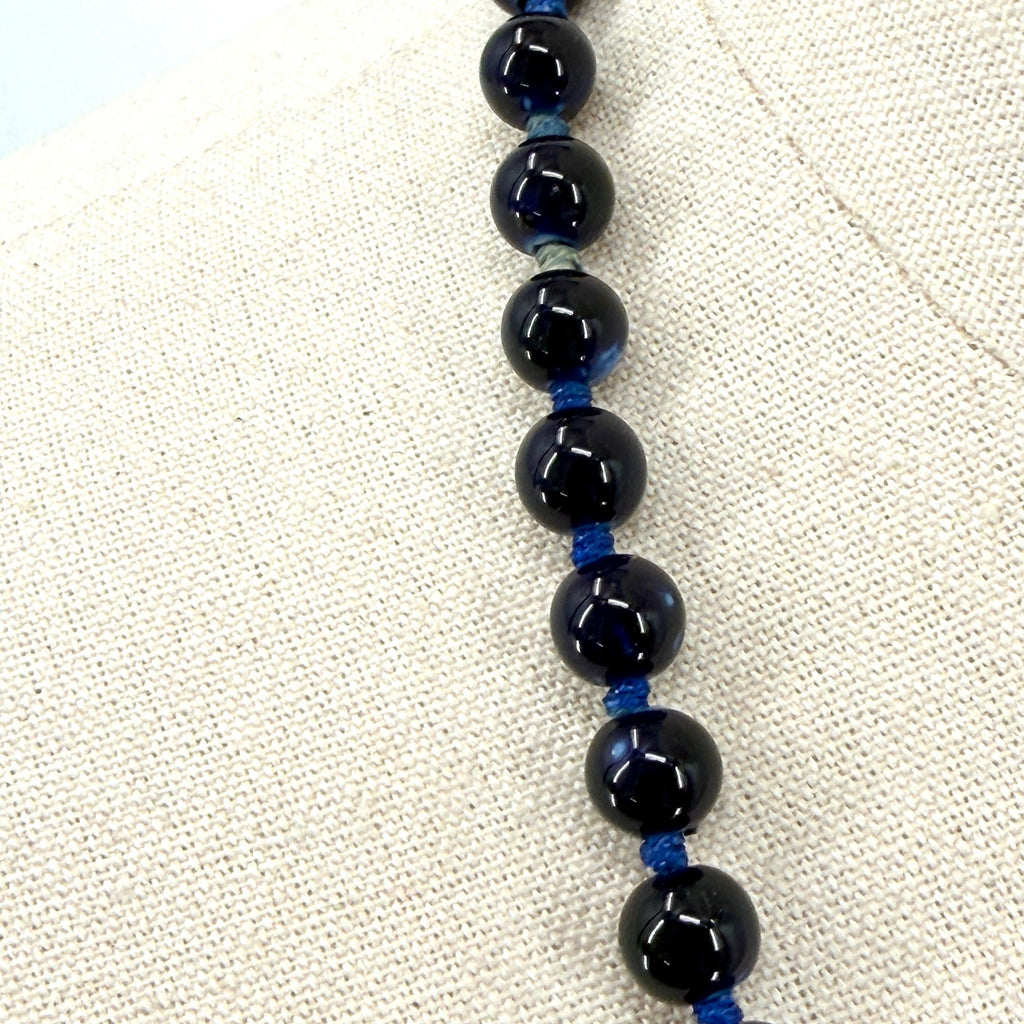 Vintage Cobalt Blue Glass Knotted Bead Barrel Clasp Necklace