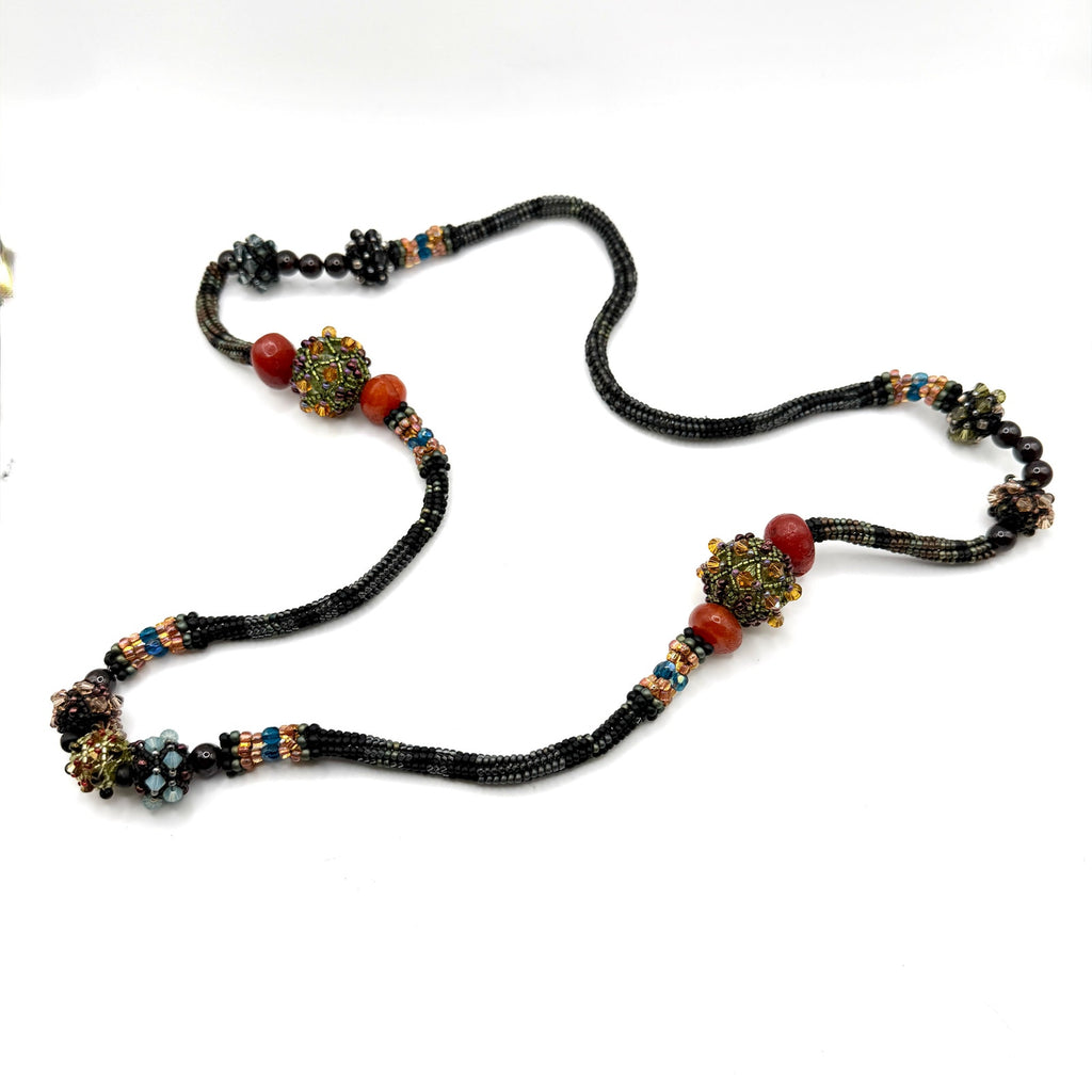 Vintage 90s Earthy Woven Seed Bead Crystal Focal Statement Loop Necklace
