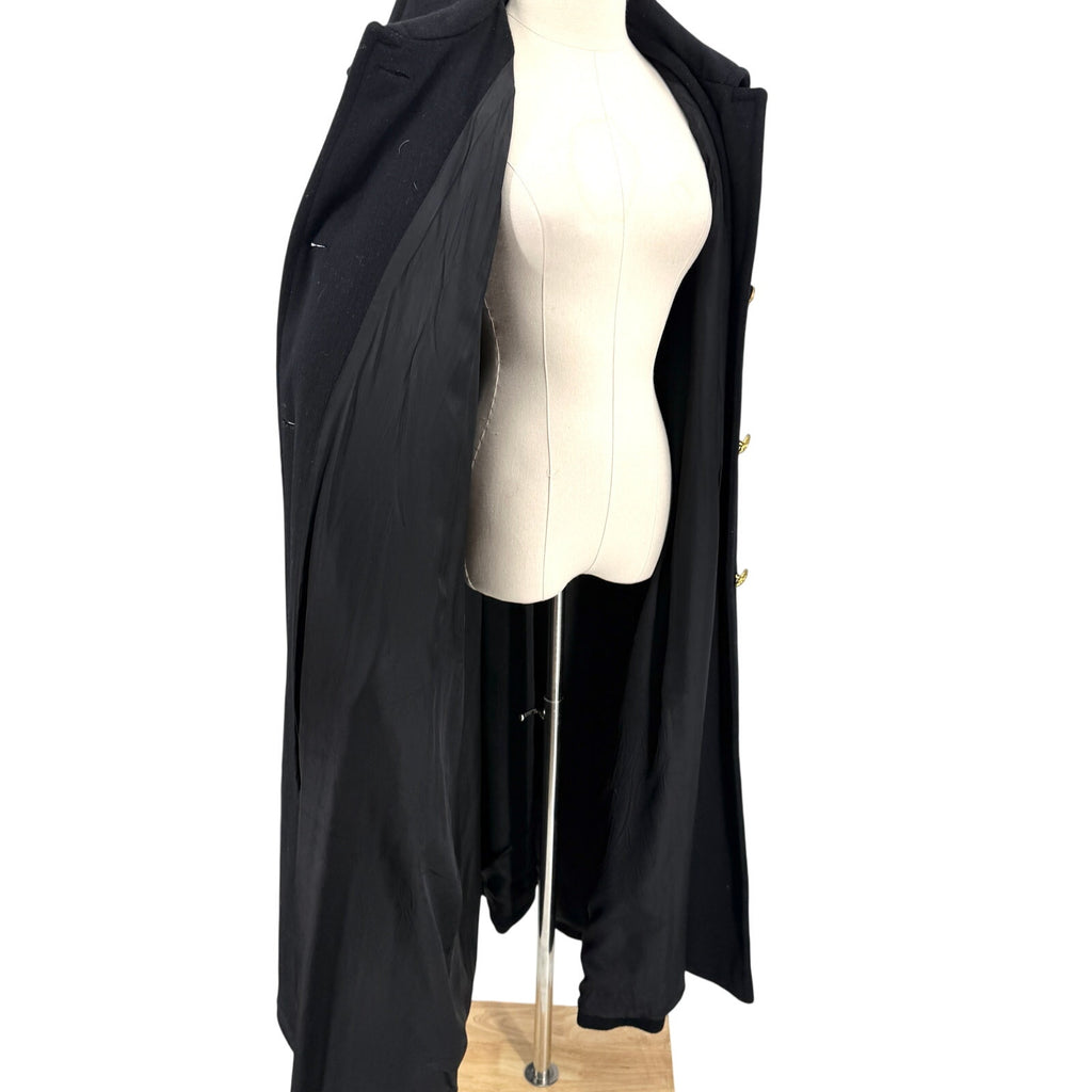 Vintage 90s Perry Ellis Black 100% Wool Gold Button Swing Overcoat