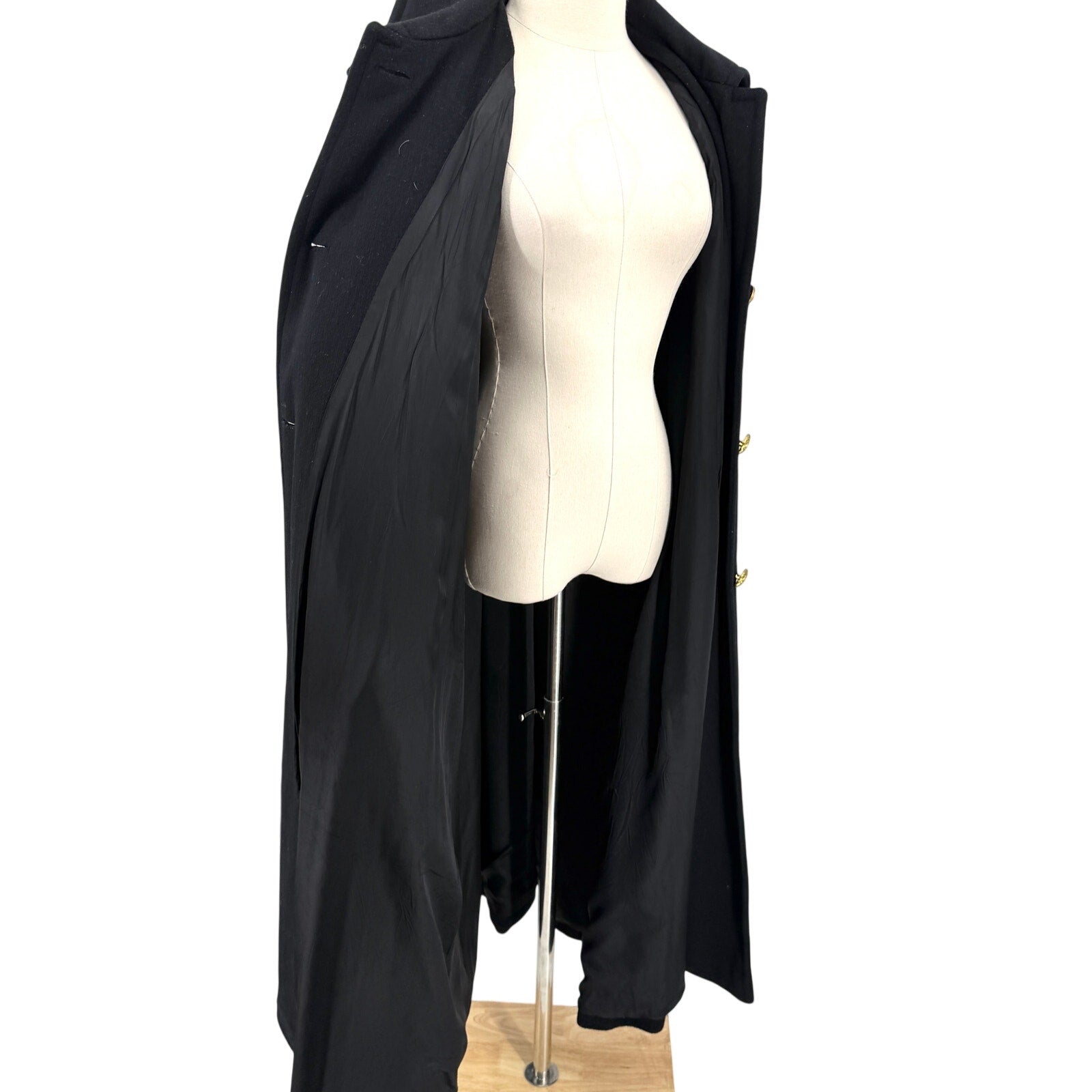 Vintage 90s Perry Ellis Black 100% Wool Gold Button Swing Overcoat