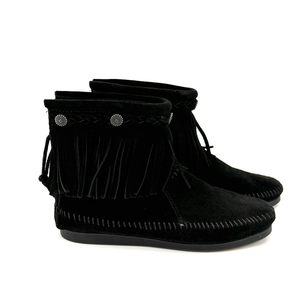 Minnetonka Black Genuine Leather Fringe Back Zip Moccasin Booties