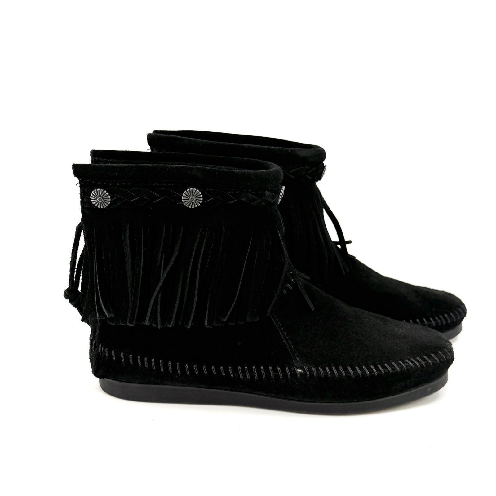 Minnetonka Black Genuine Leather Fringe Back Zip Moccasin Booties