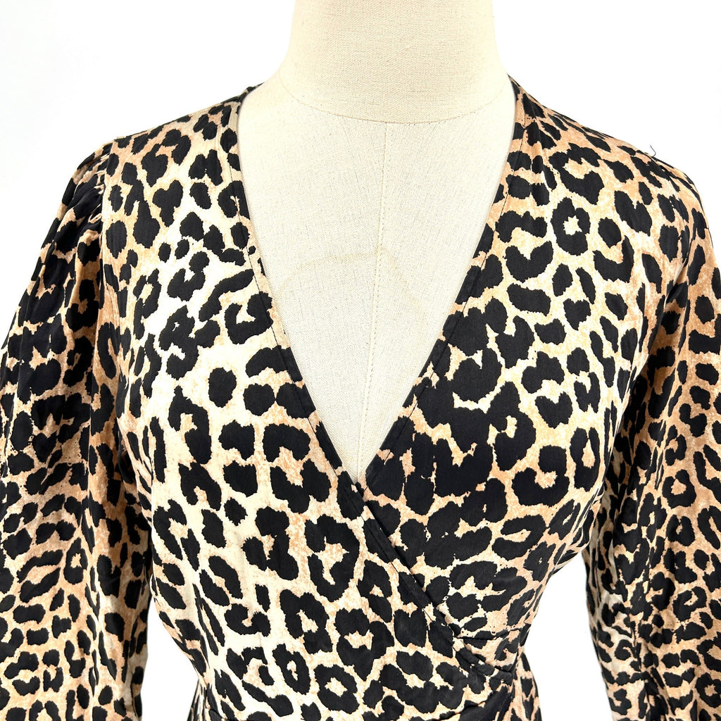 Ganni Silk Leopard Print Long Sleeve V-Neck Wrap Maxi Dress