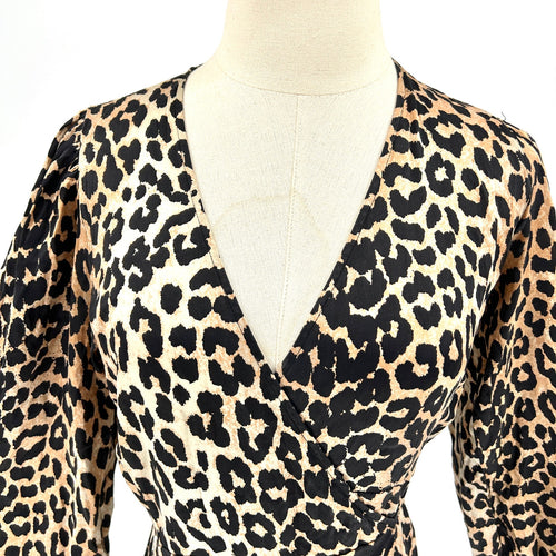 Ganni Silk Leopard Print Long Sleeve V-Neck Wrap Maxi Dress