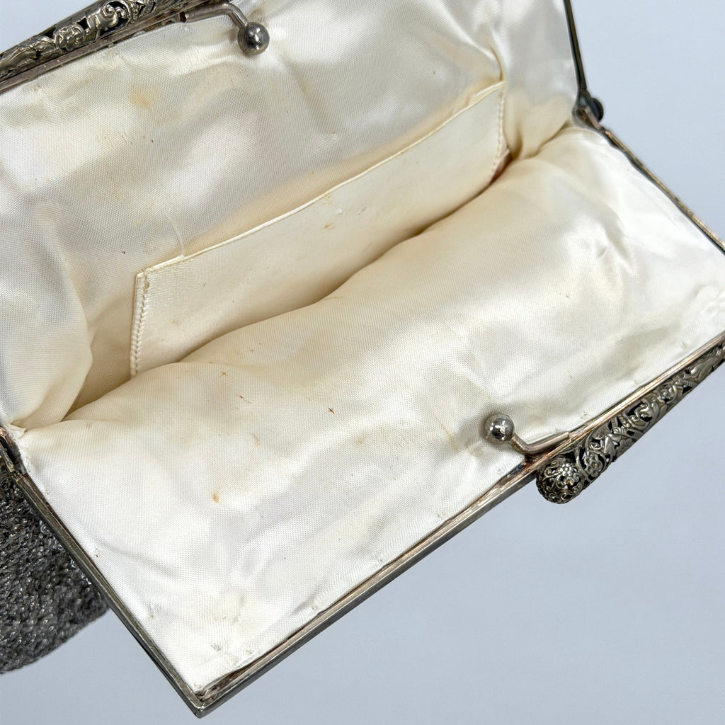 MINT Vintage 60s Silver Heavily Beaded Filigree Clasp Evening Handbag