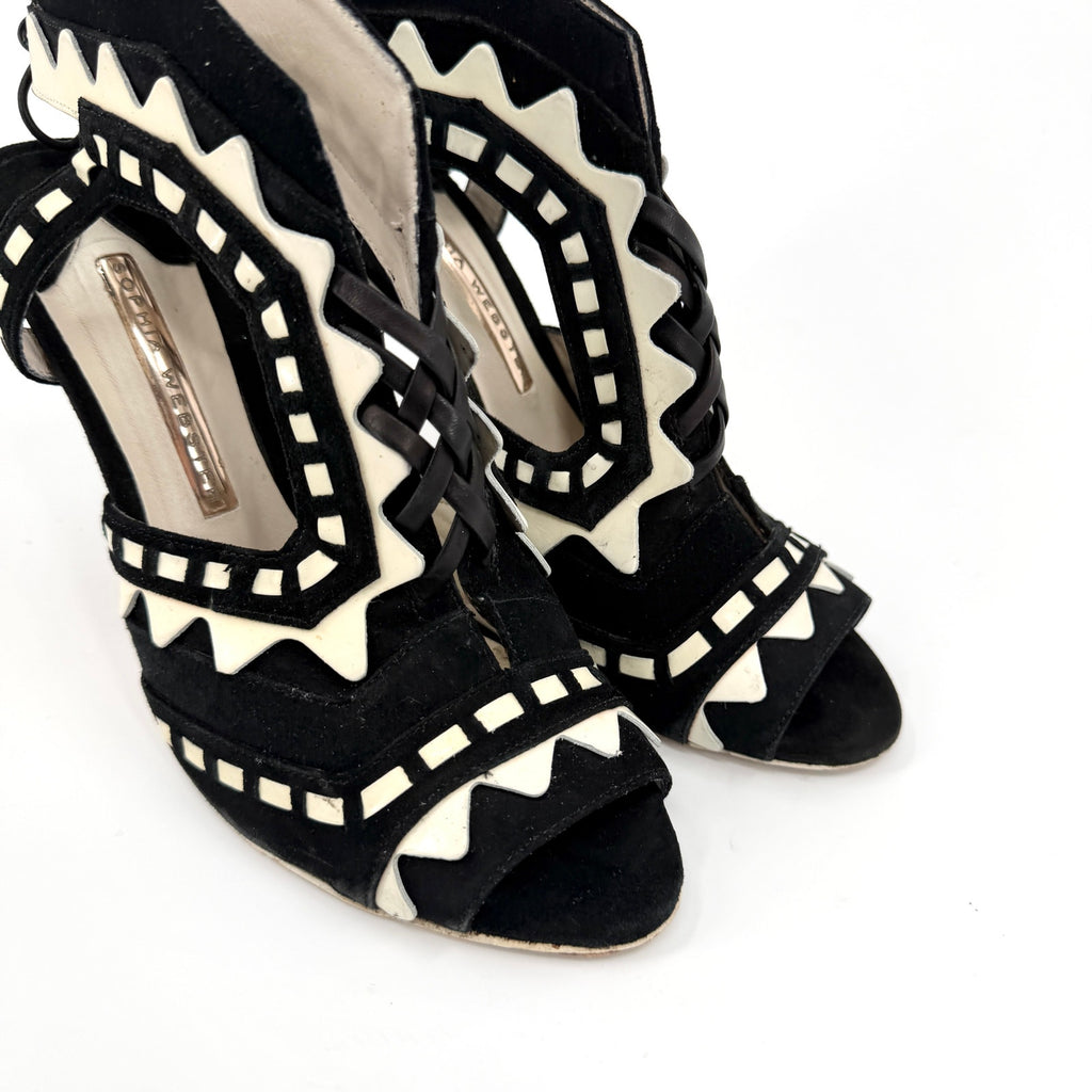 Sophia Webster Black White Genuine Suede Riko Lace Up Stiletto Sandals