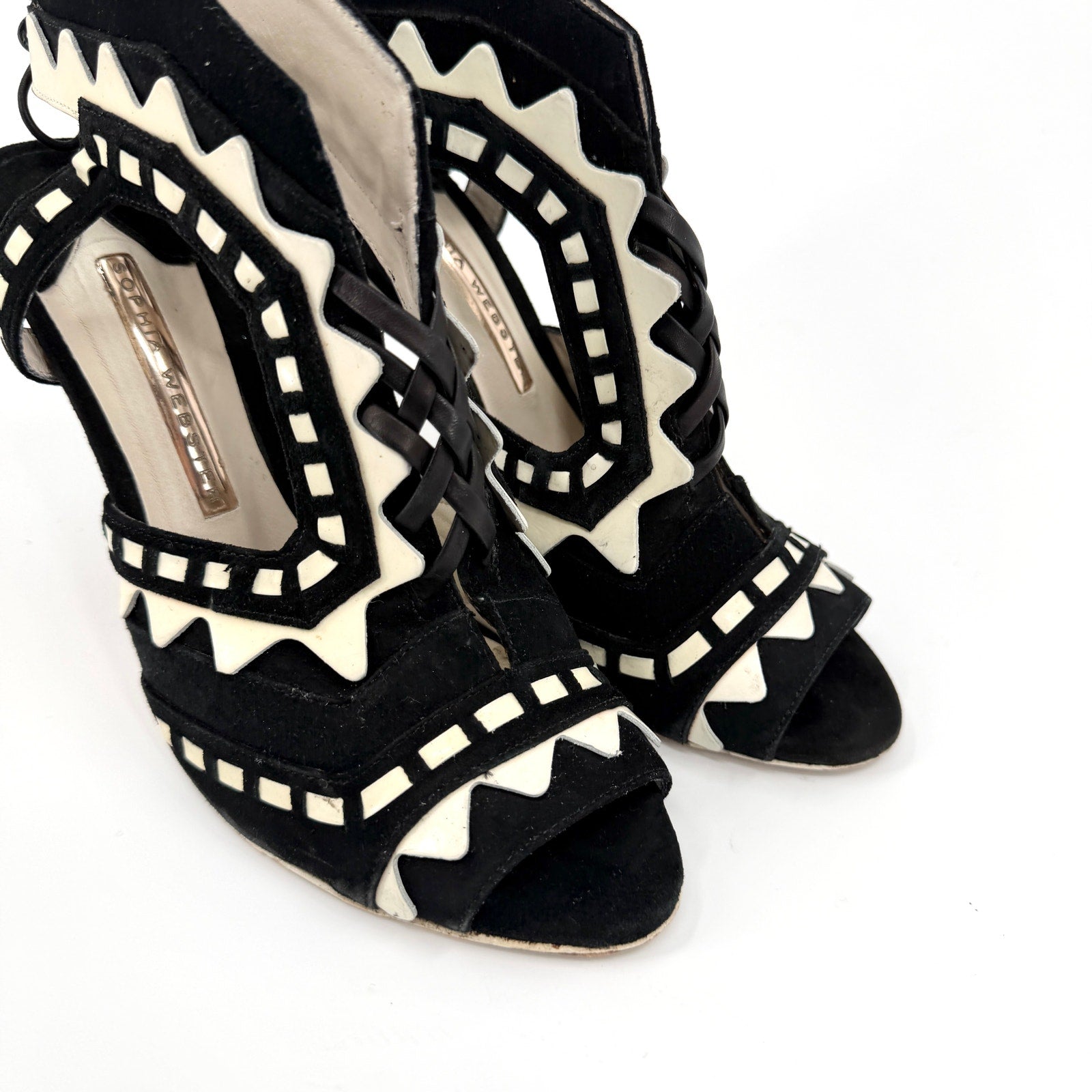 Sophia Webster Black White Genuine Suede Riko Lace Up Stiletto Sandals