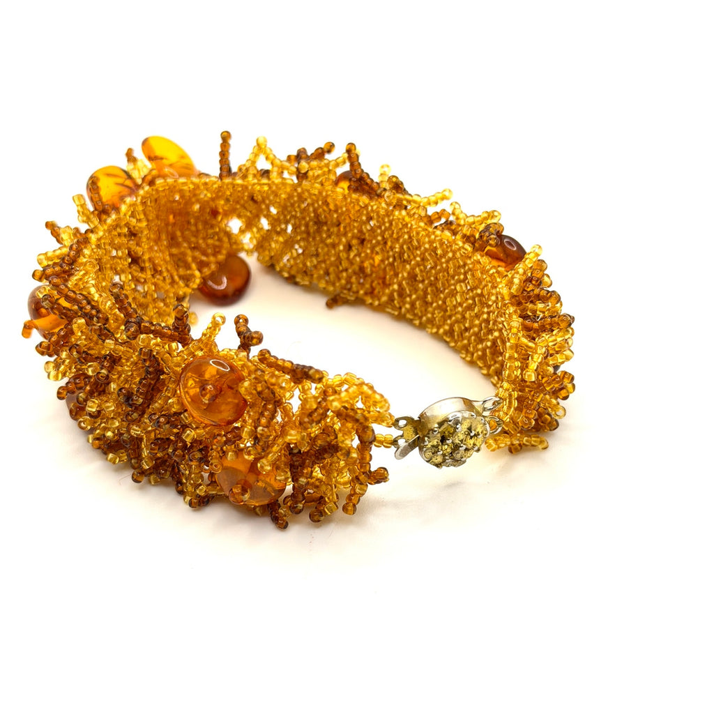 Vintage 90s Amber Gemstone Shag Fringe Beaded Statement Bracelet
