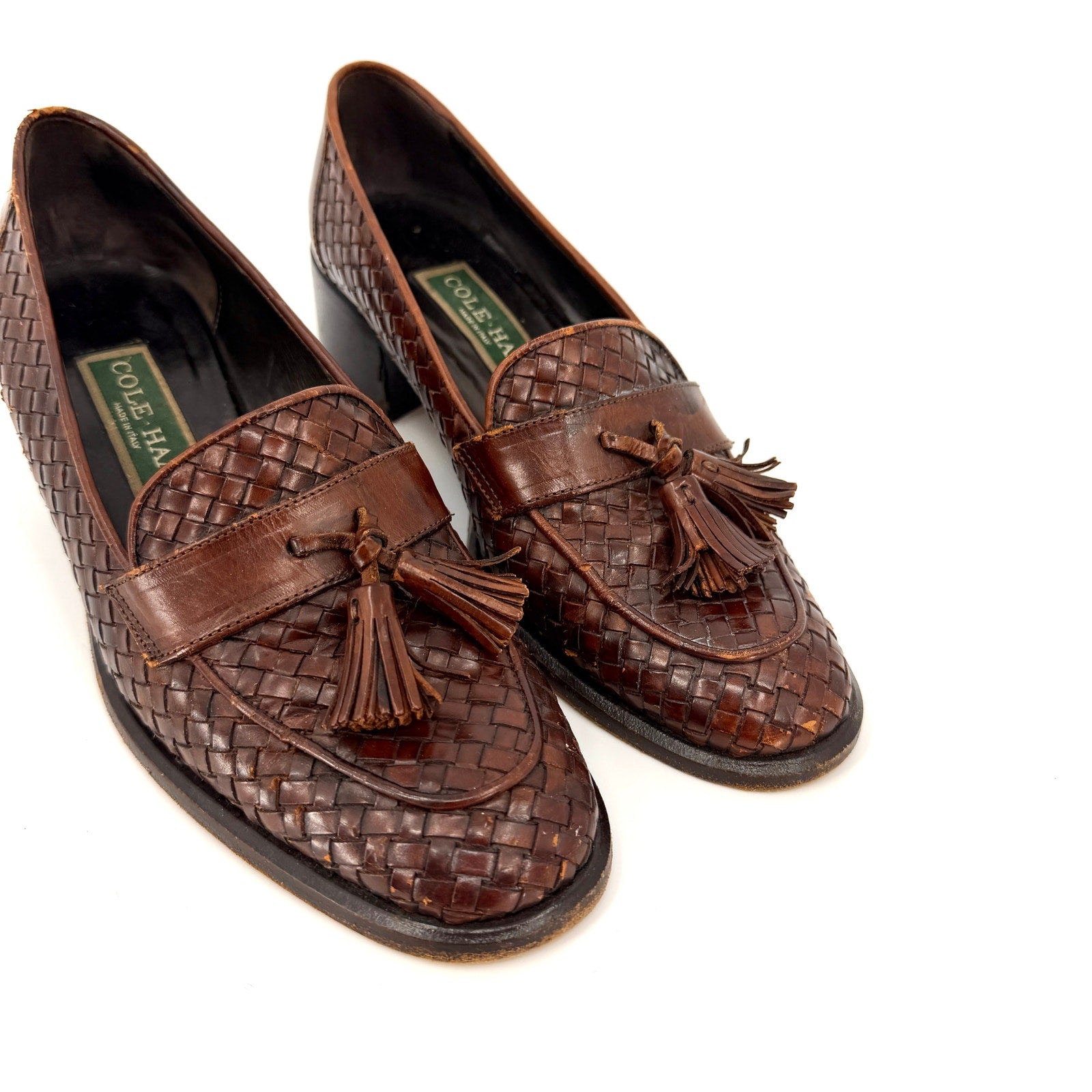 Vintage 90s Cole Haan Brown Woven Genuine Leather Tassel Heeled Loafers