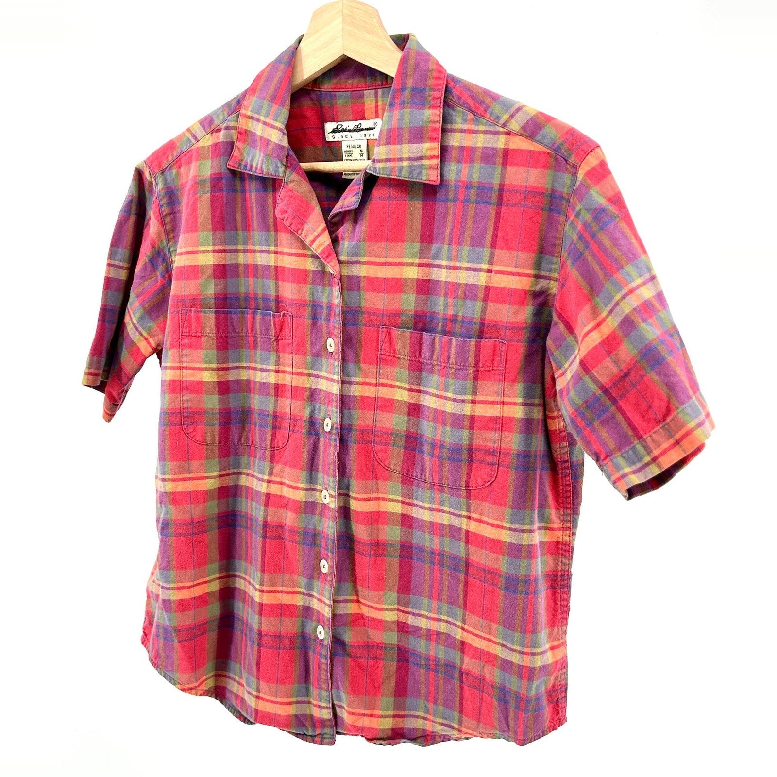 Vintage 90s Eddie Bauer Red Purple Plaid 100% Cotton Camp Shirt