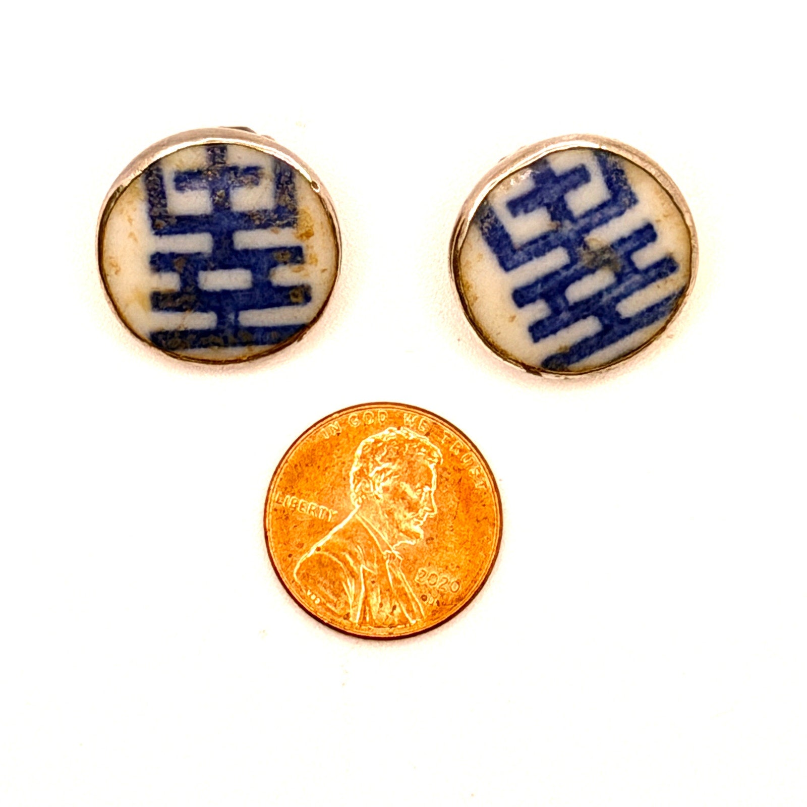 Vintage 90s Sterling Silver Blue White Porcelain Double Happiness Earrings